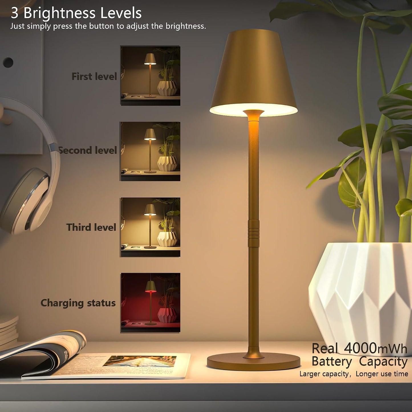 Timjorman 4-Pack Cordless Table Lamps - 5000mAh Rechargeable Battery Operated Desk Lamp, 3-Level Dimmable LED Night