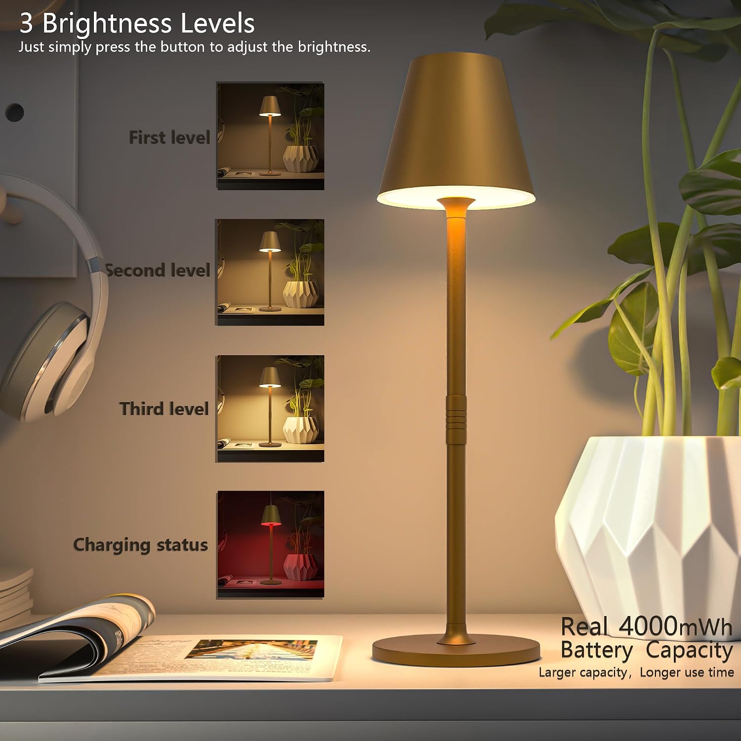 Timjorman 4-Pack Cordless Table Lamps - 5000mAh Rechargeable Battery Operated Desk Lamp, 3-Level Dimmable LED Night