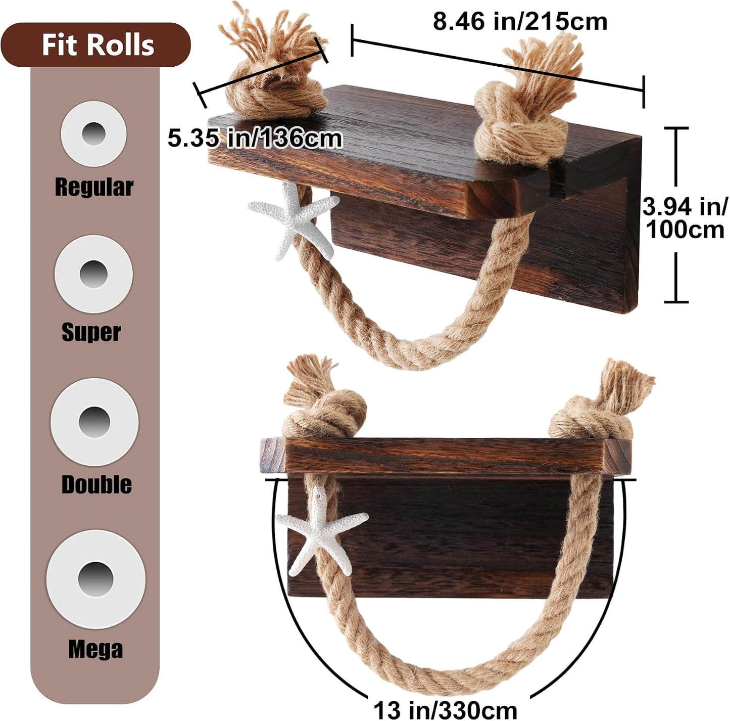 Wooden Toilet Paper Holder with Shelf Farmhouse Bathroom Decor | Rustic Rope Towel Rack Shelf Wall Mount Nautical Beach