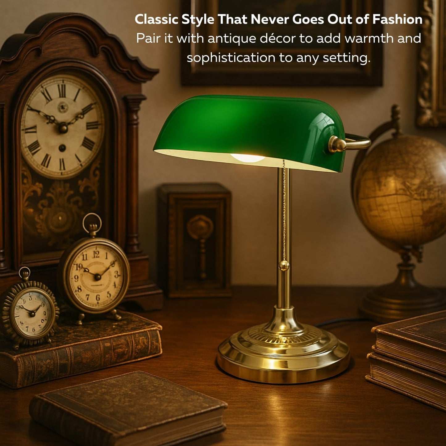 LIGHTACCENTS Traditional Banker’s Desk Lamp with Green Glass Shade and Brass Base – Classic Desk Lamp with Pull Chain