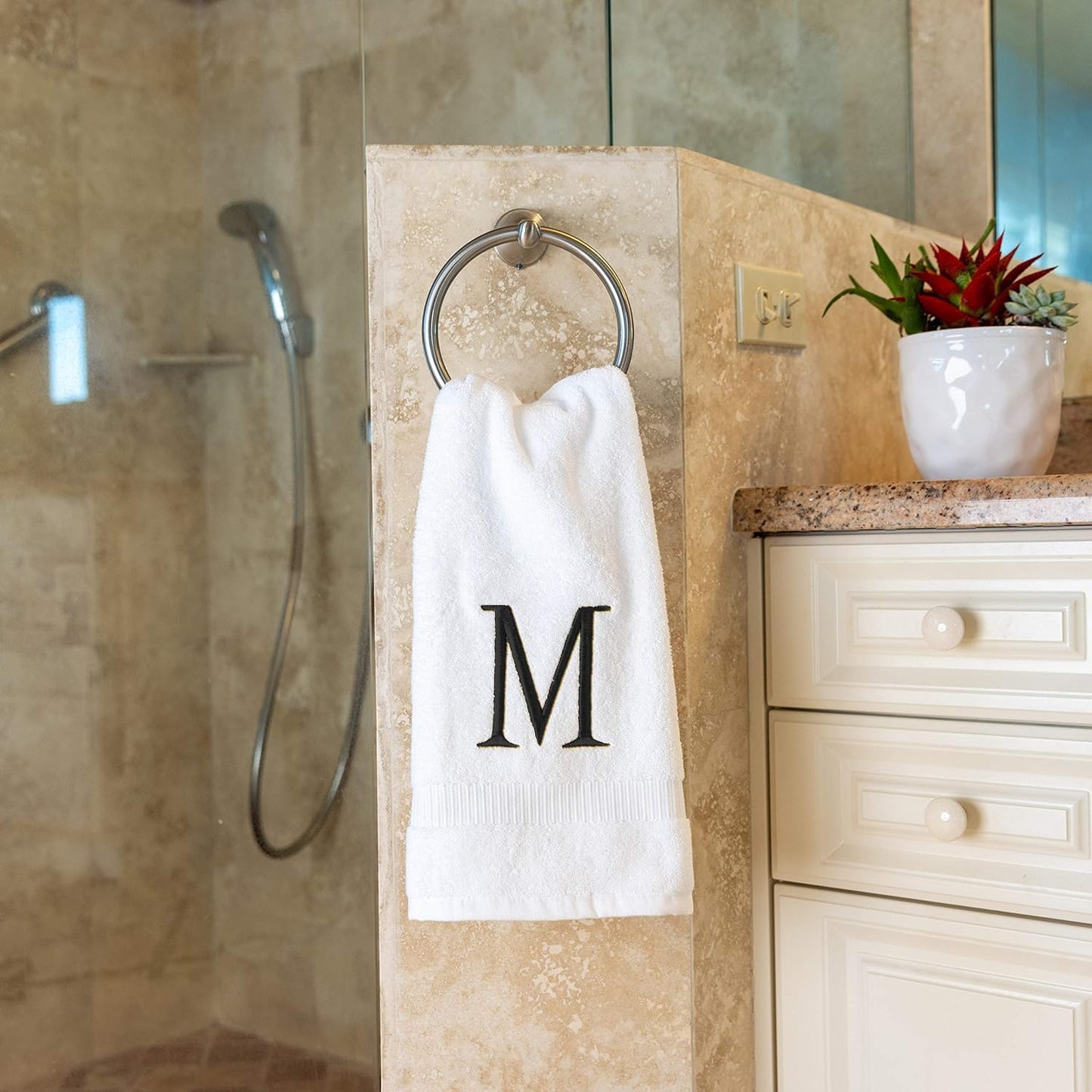 White with Dark Gray Monogrammed Hand Towels for Bathroom Set of 2 Letter M | Luxury Hotel Quality Initial Towels For