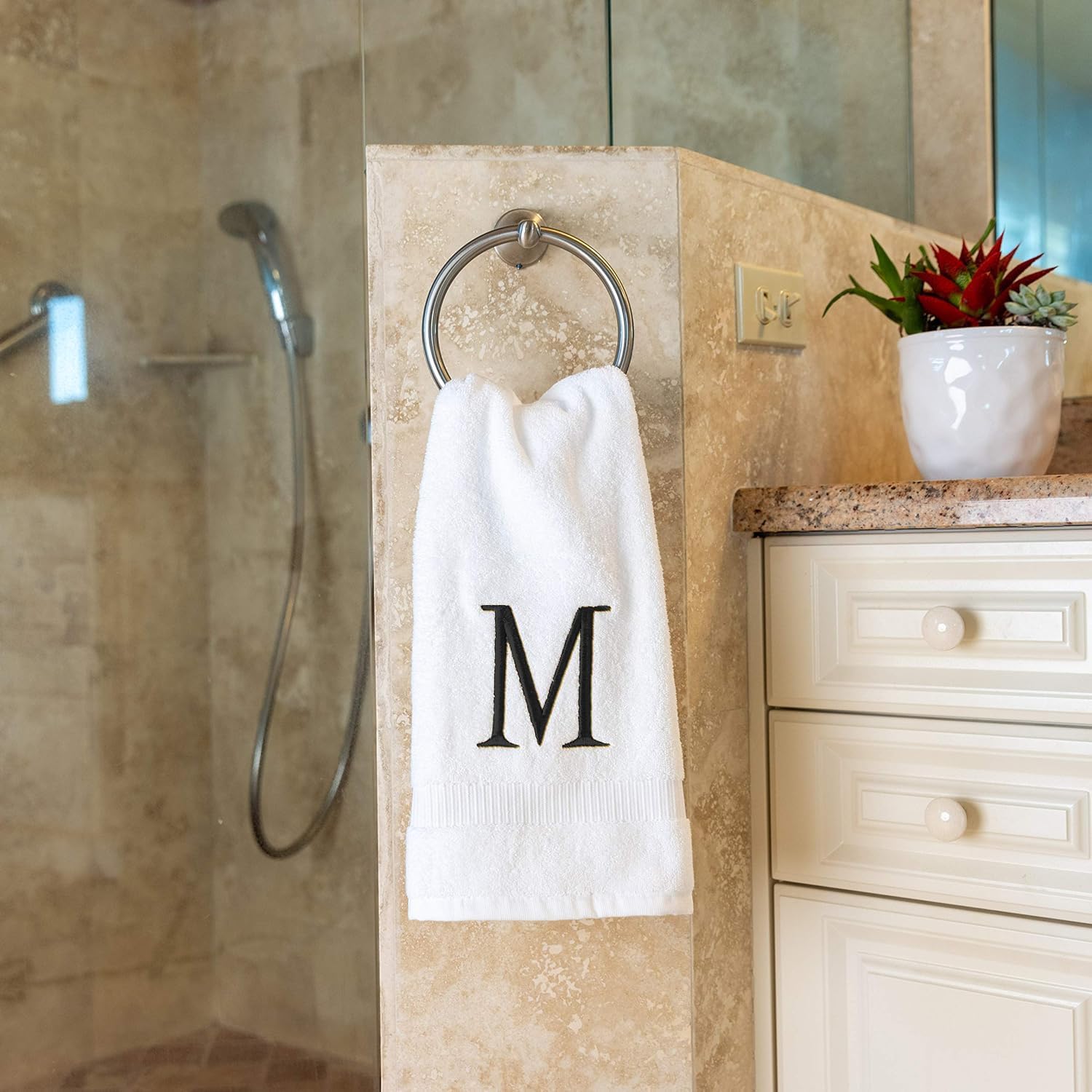 White with Dark Gray Monogrammed Hand Towels for Bathroom Set of 2 Letter M | Luxury Hotel Quality Initial Towels For