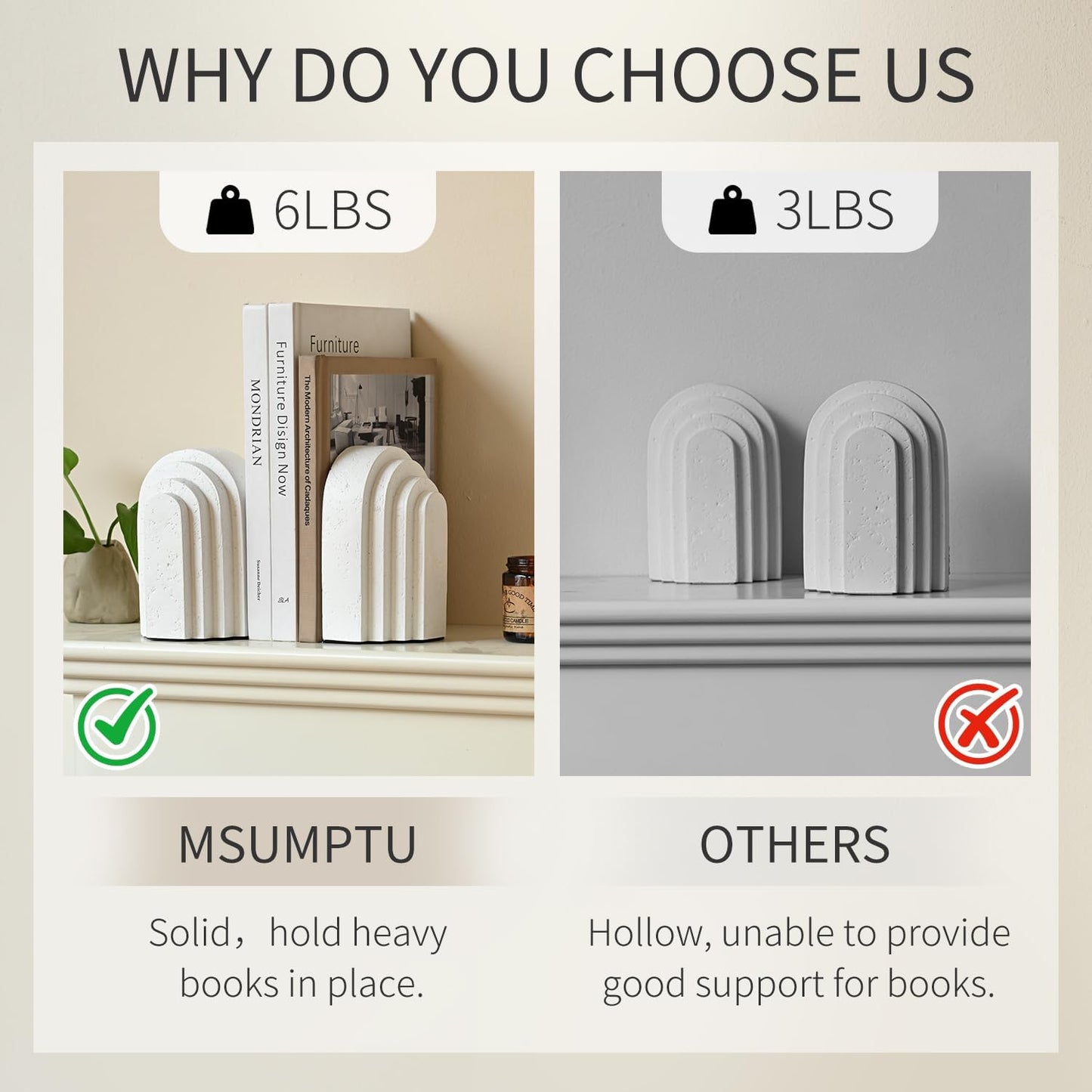 Decorative Bookends / Book Ends for Heavy Books / White / Set of 2