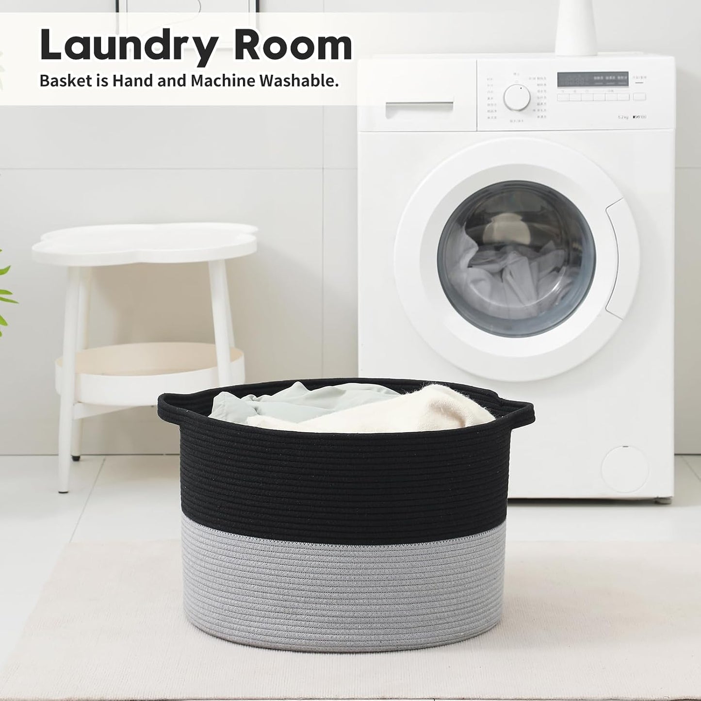 Collapsible Handle Cotton Rope Soft Woven Fabric Storage Organizer Clothes Toys / Black & Grey / 65L