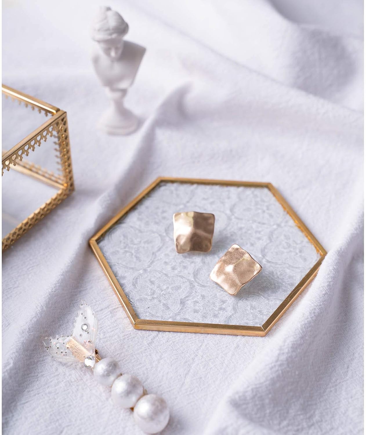 Glass Coasters for Drinks / Square and Hexagonal / Gold / Set of 6