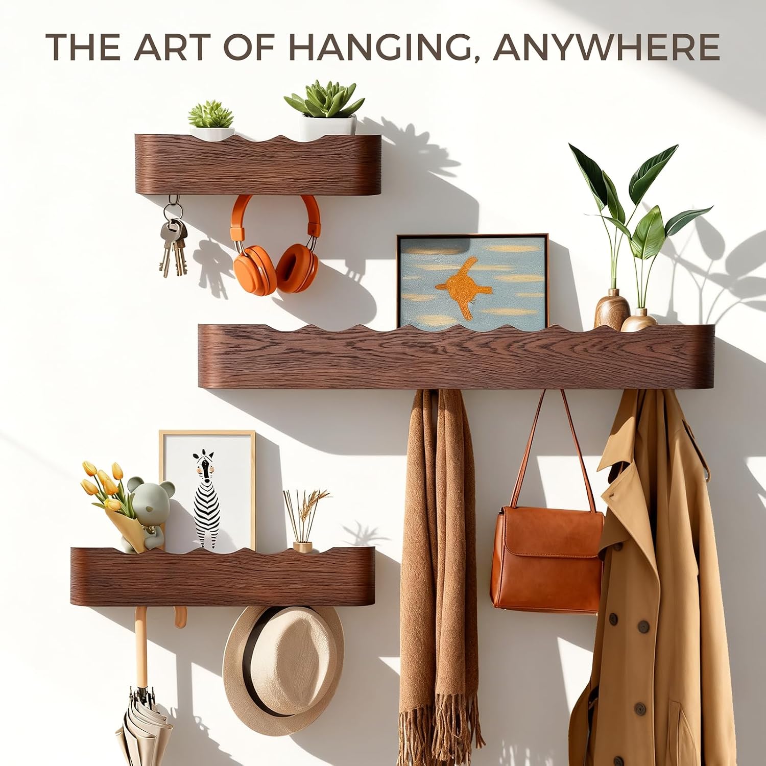Shelf Entryway Shelf Modern Key Holder Hanger Wall Shelves / Wavy Walnut Color / 5 Hooks