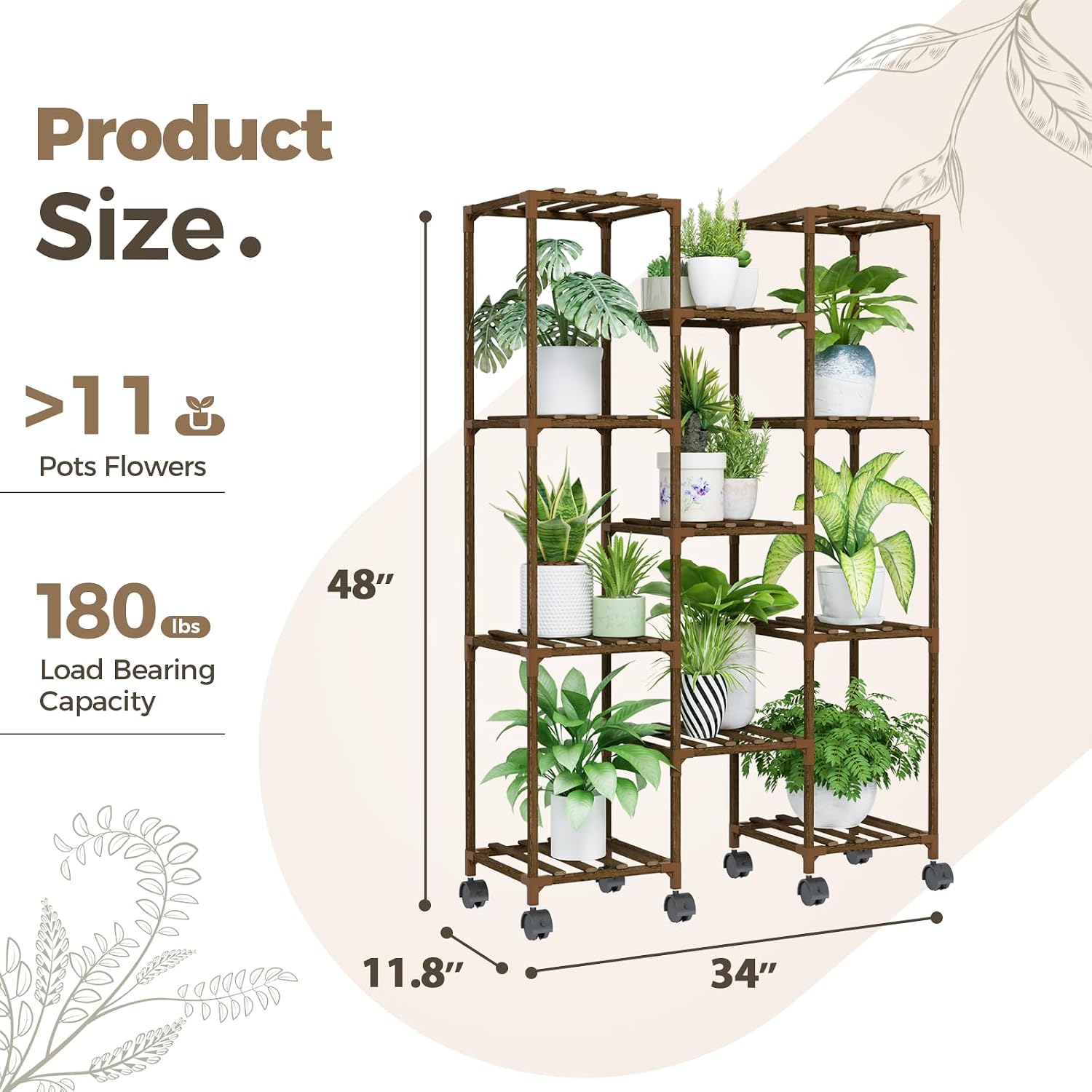 Bamworld Plant Stand With Wheels Indoor Outdoor Wood Plants Shelf for Multiple Plants 11 Pots,Tall Large Flower Holder