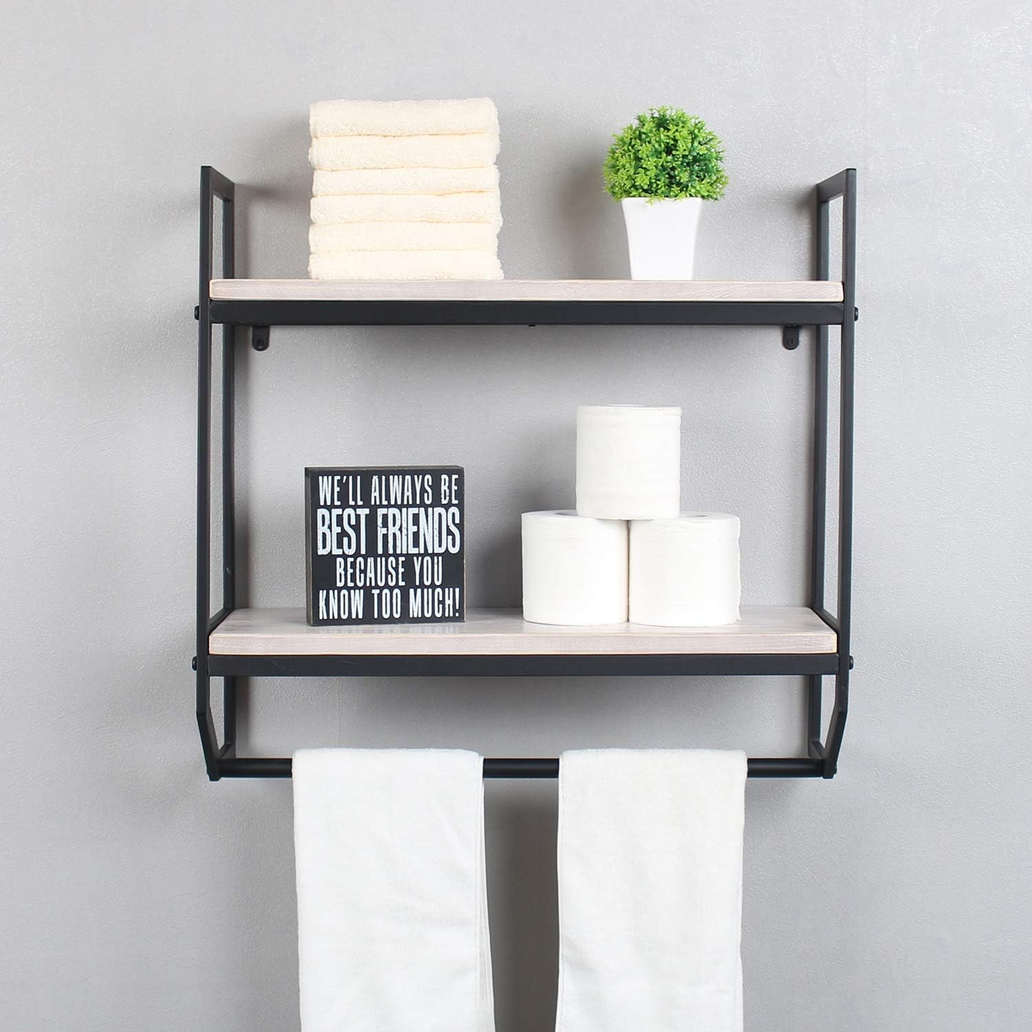 2-Tier Metal Industrial 23.6" Bathroom Shelves Wall Mounted,Rustic Wall Shelf Over Toilet,Towel Rack with Towel