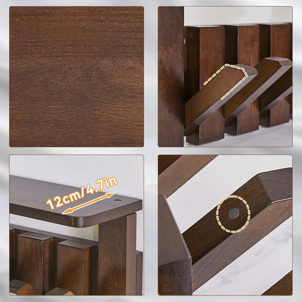 Piano Key Coat Rack Wall Mount with Shelf and 12 Hooks, Walnut HWS008H-2 | Solid Wood Wall Mounted Coat Rack with