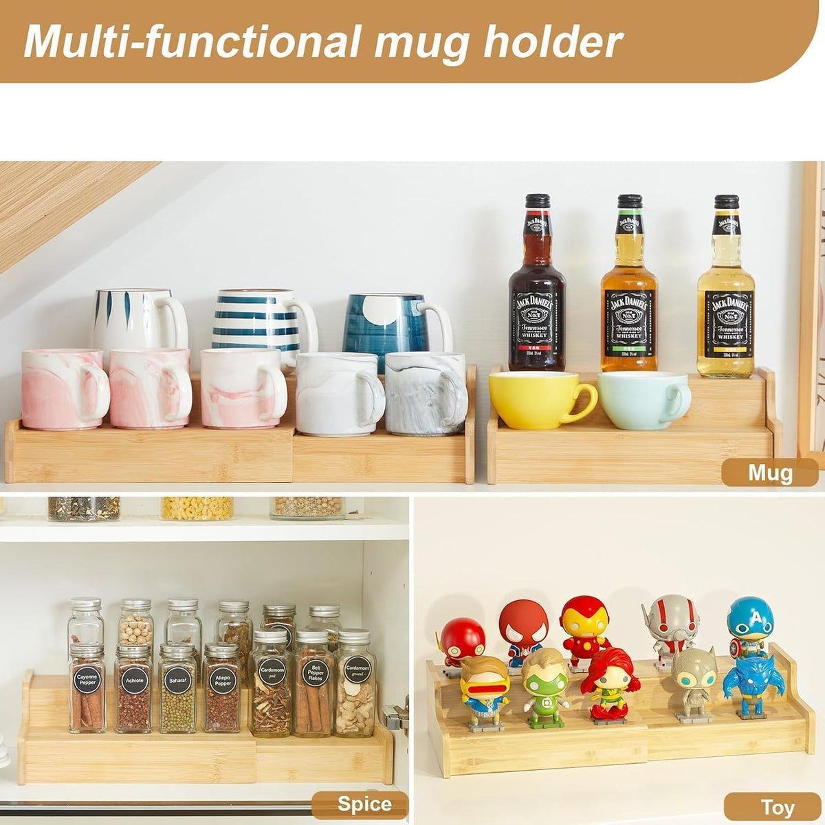 Hongtamoya 2-Tier Expandable Bamboo Coffee Mug Holder, Mug Organizer for Kitchen Cabinets, Mug Cup Rack