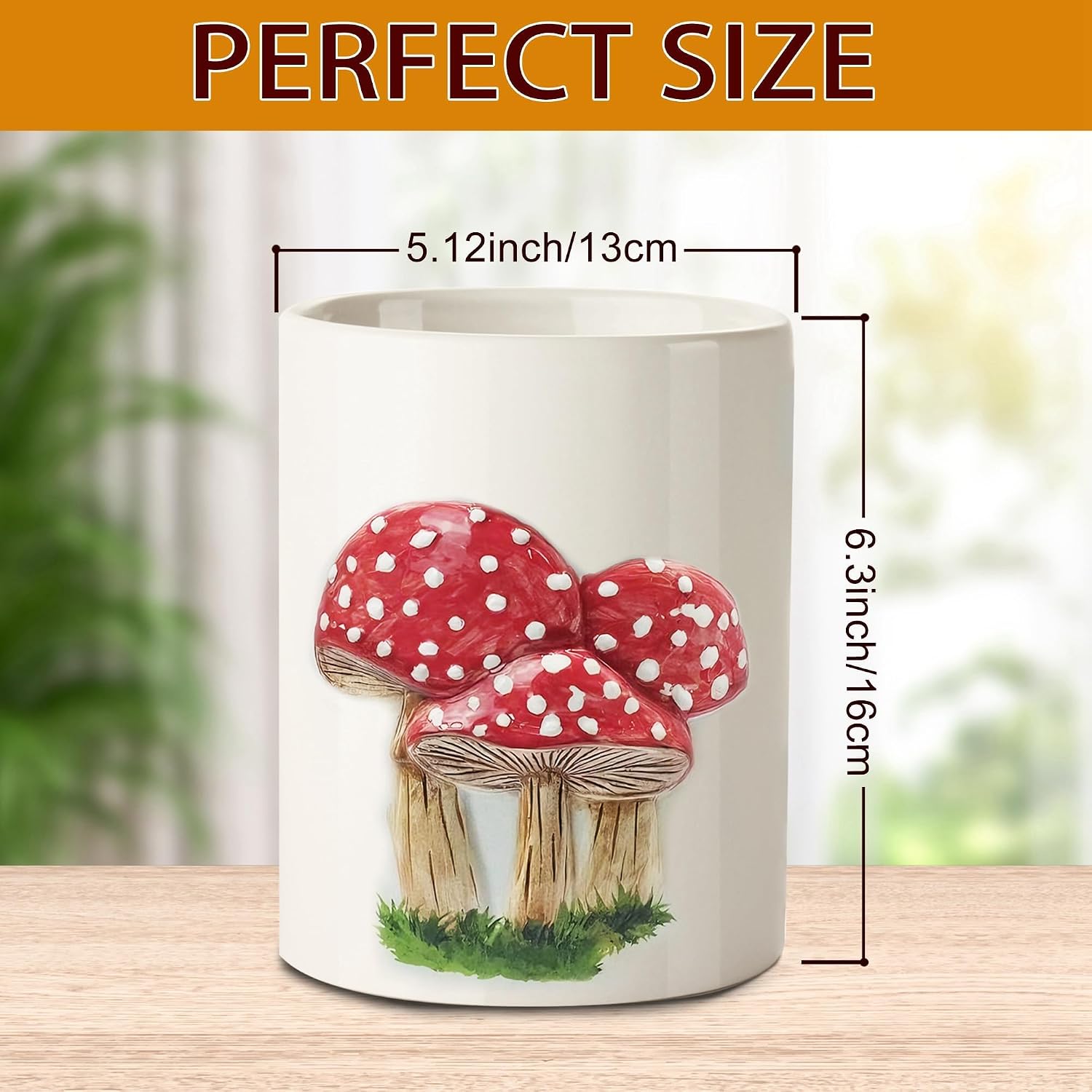 Embossed Kitchen Decor Ceramic Utensil Holder / Mushroom