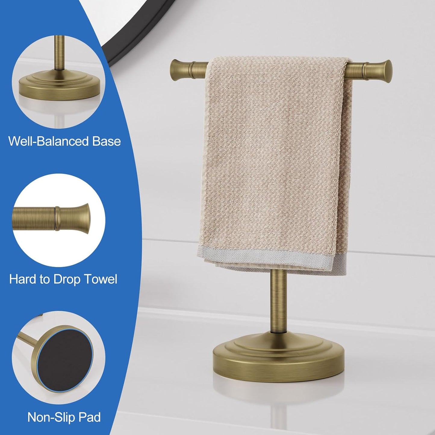 RUMOSE Antique Brass Hand Towel Holder Stand Countertop Towel Rack | 13 Inch Bathroom Kitchen Vanity T-Shape Towel
