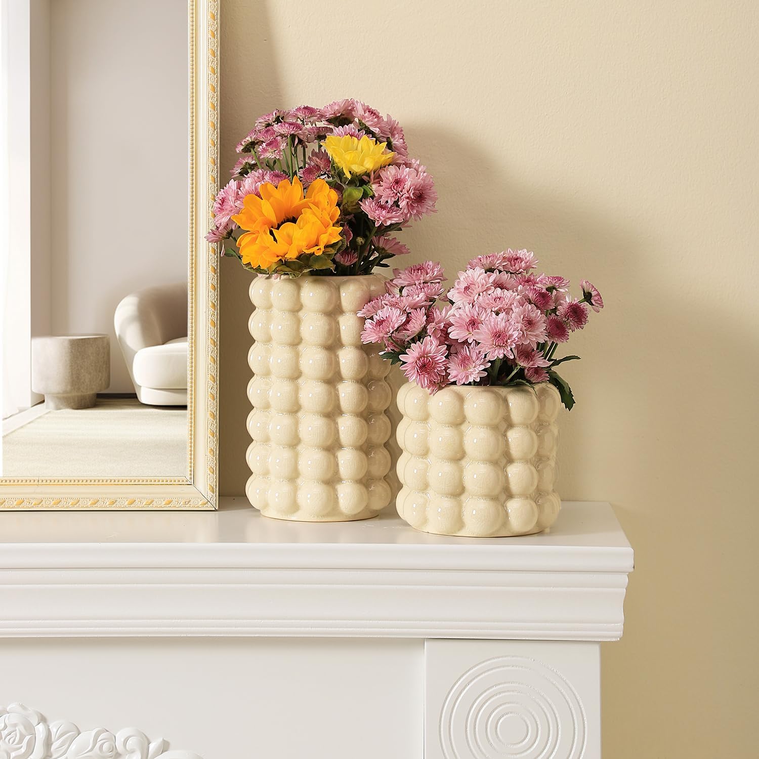 Ceramic Vase for Flowers / Beige / Large+medium / Set of 2