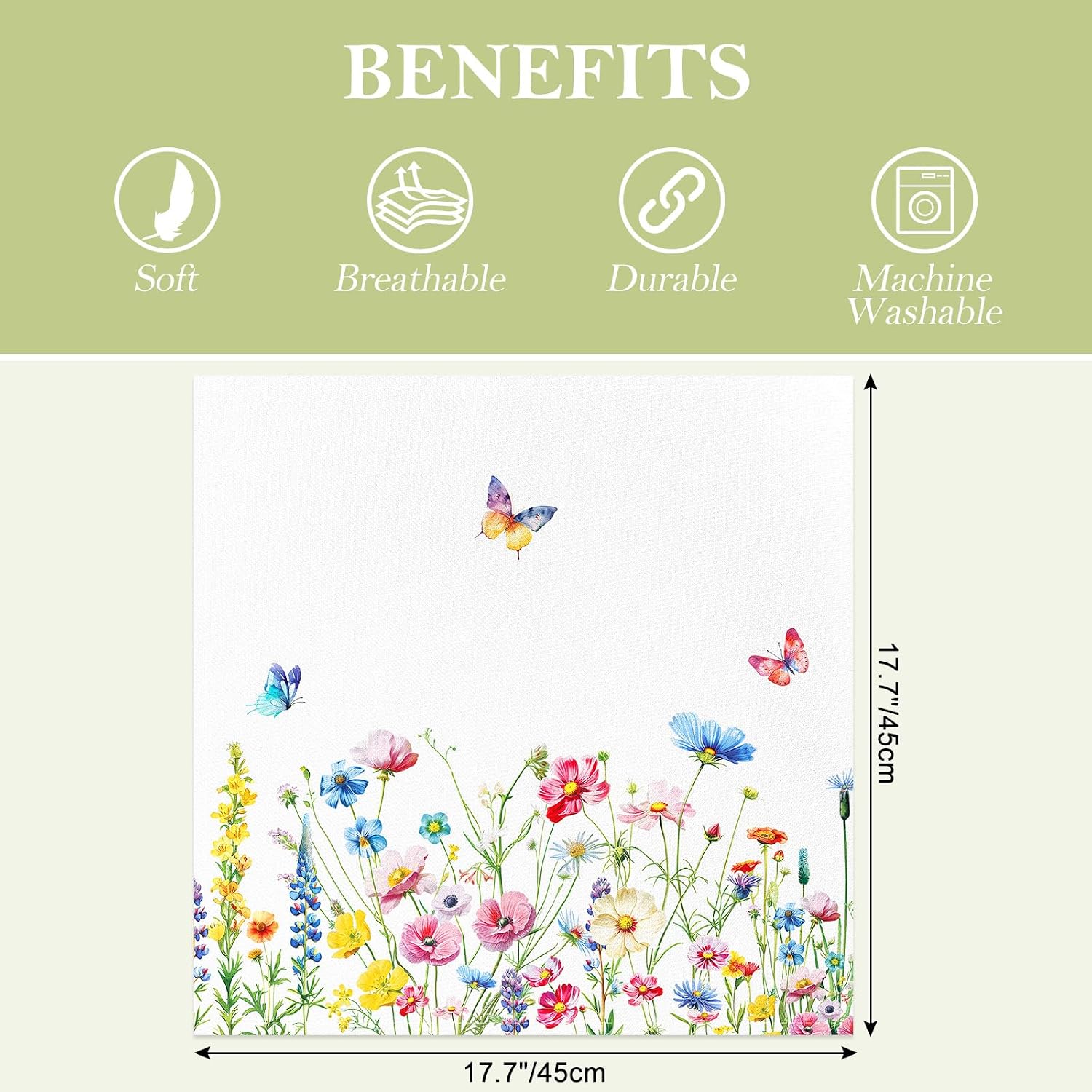 Wildflower Butterfly Cotton Cloth Napkins, 18×18 in, Set of 12 | Washable Cotton Dinner Napkins with Wildflower