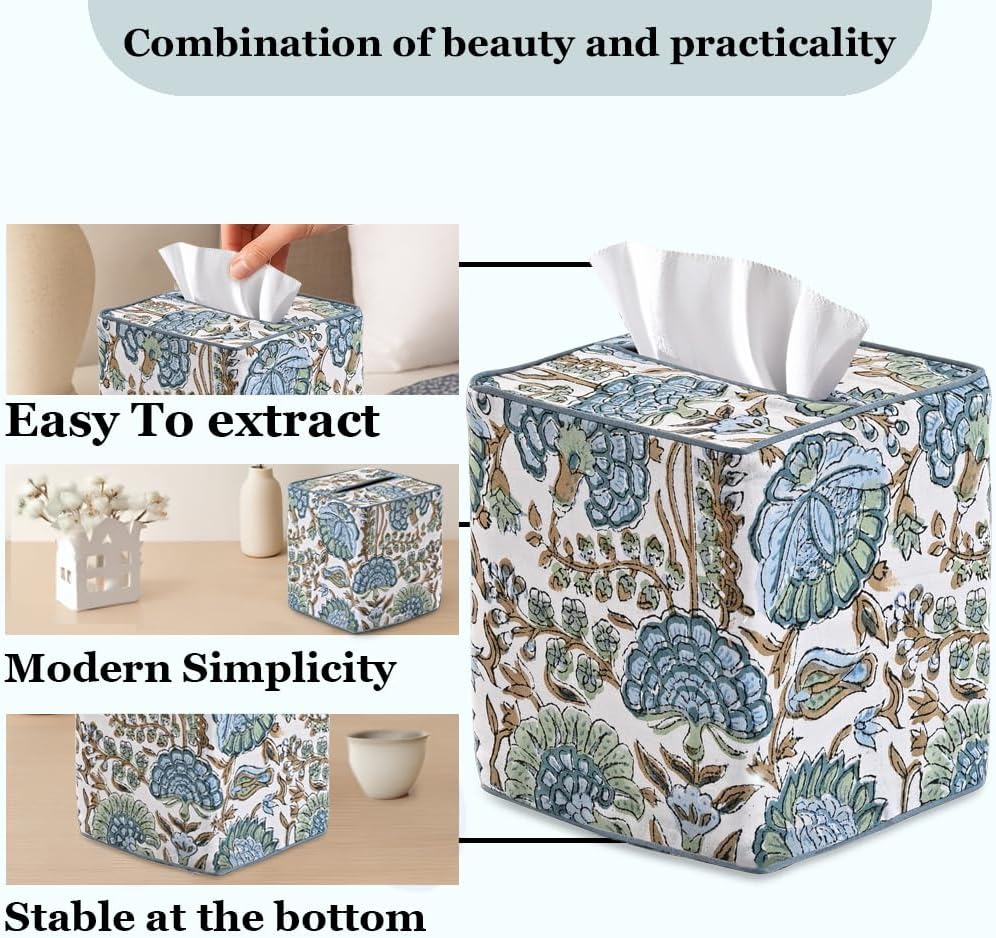 Block Print Tissue Box Cover Handmade Cotton Fabric Decorative Square Napkin / Asparagus Green
