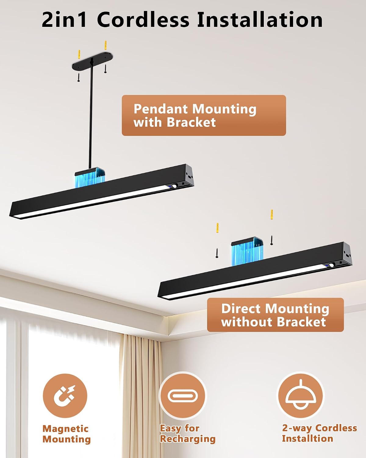 Rechargeable Motion Sensor Ceiling Light, Full Metal Pendant Lights, Battery Operated LED Closet Lights with Remote