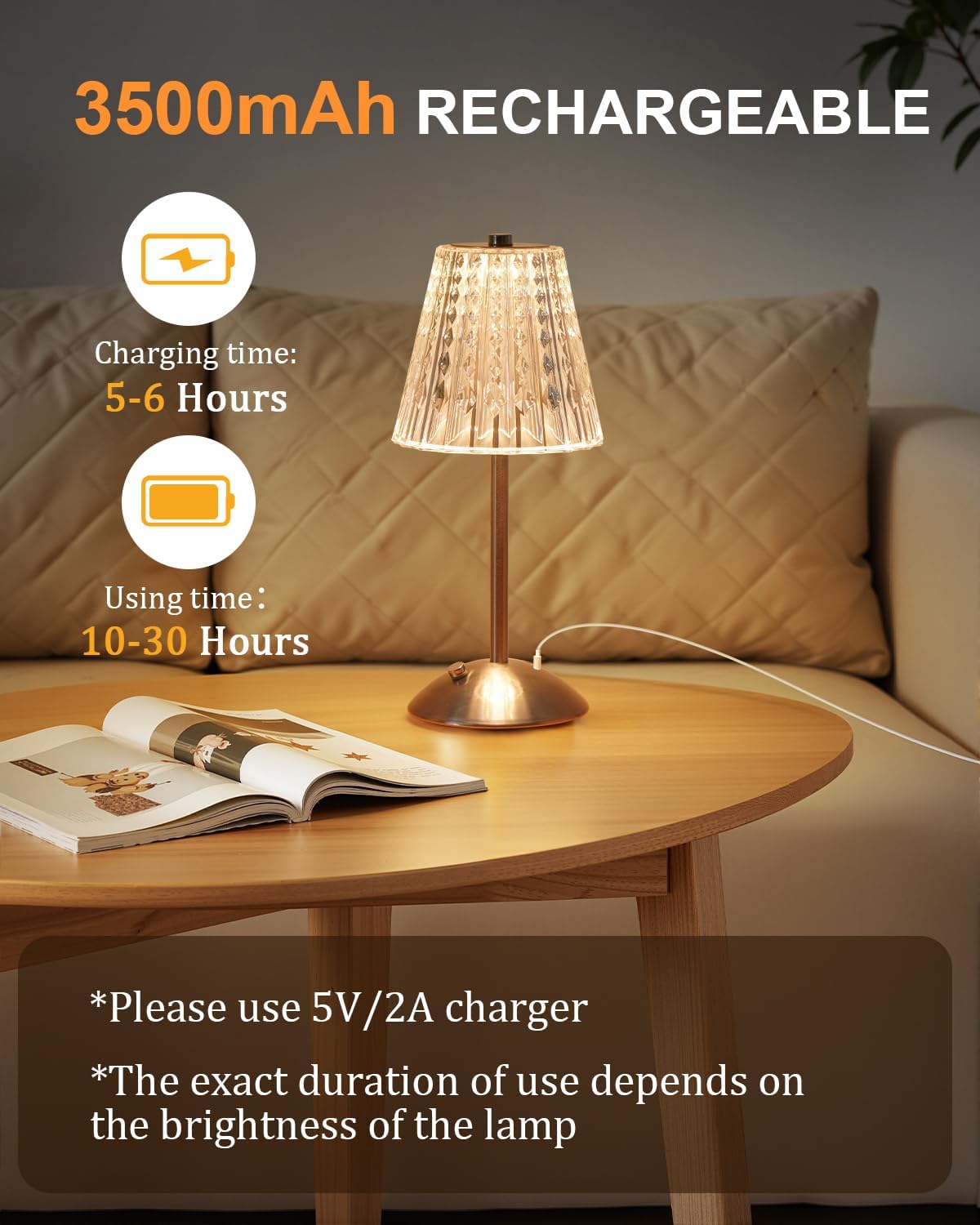 Nusogon Cordless Touch Table Lamp, LED Rechargeable Small Dask Lamp | 3 Colors Dimmable Silver Battery Operated Crystal