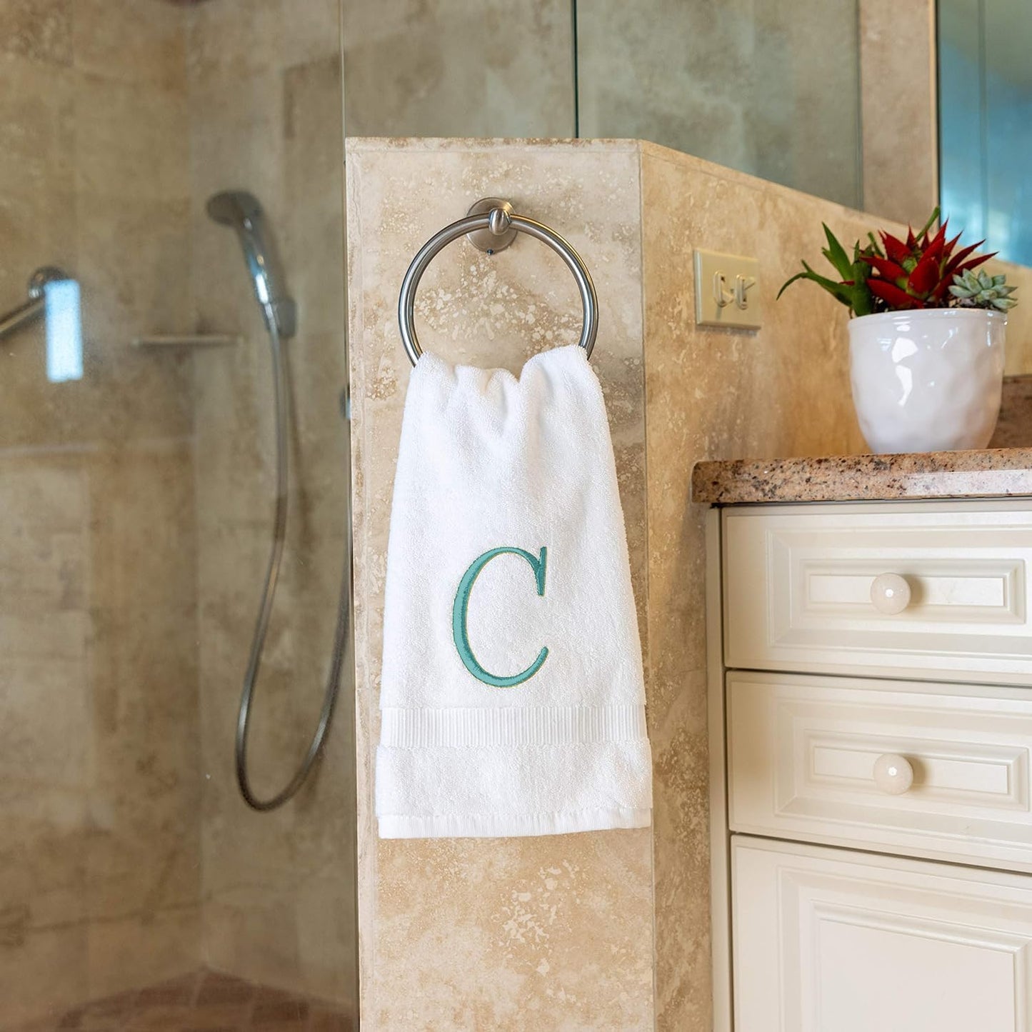 White with Teal Monogrammed Hand Towels for Bathroom - Set of 2 Letter C | Luxury Hotel Quality Initial Towels For