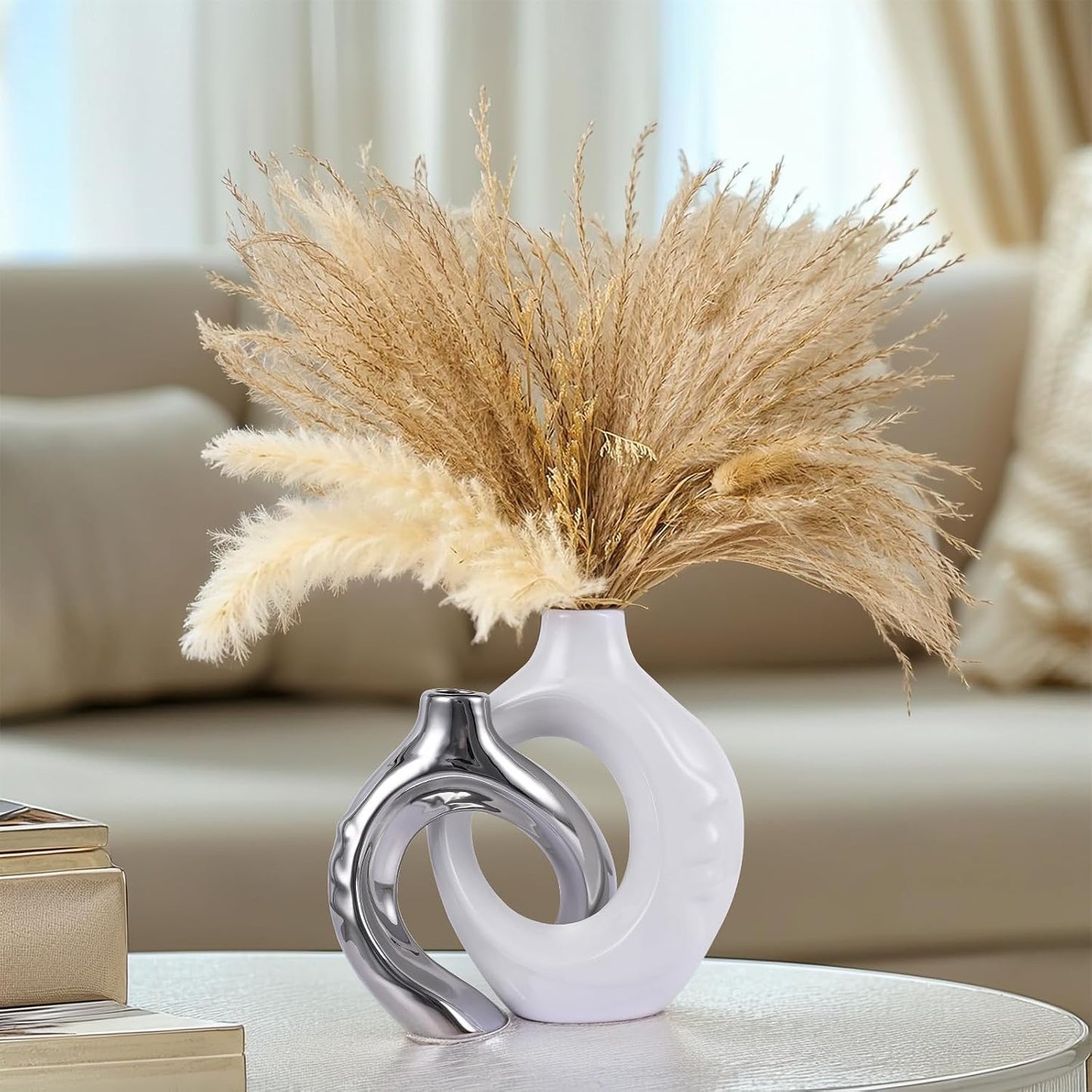 Round Boho Vase for Pampas Grass / White Silver / Set of 2