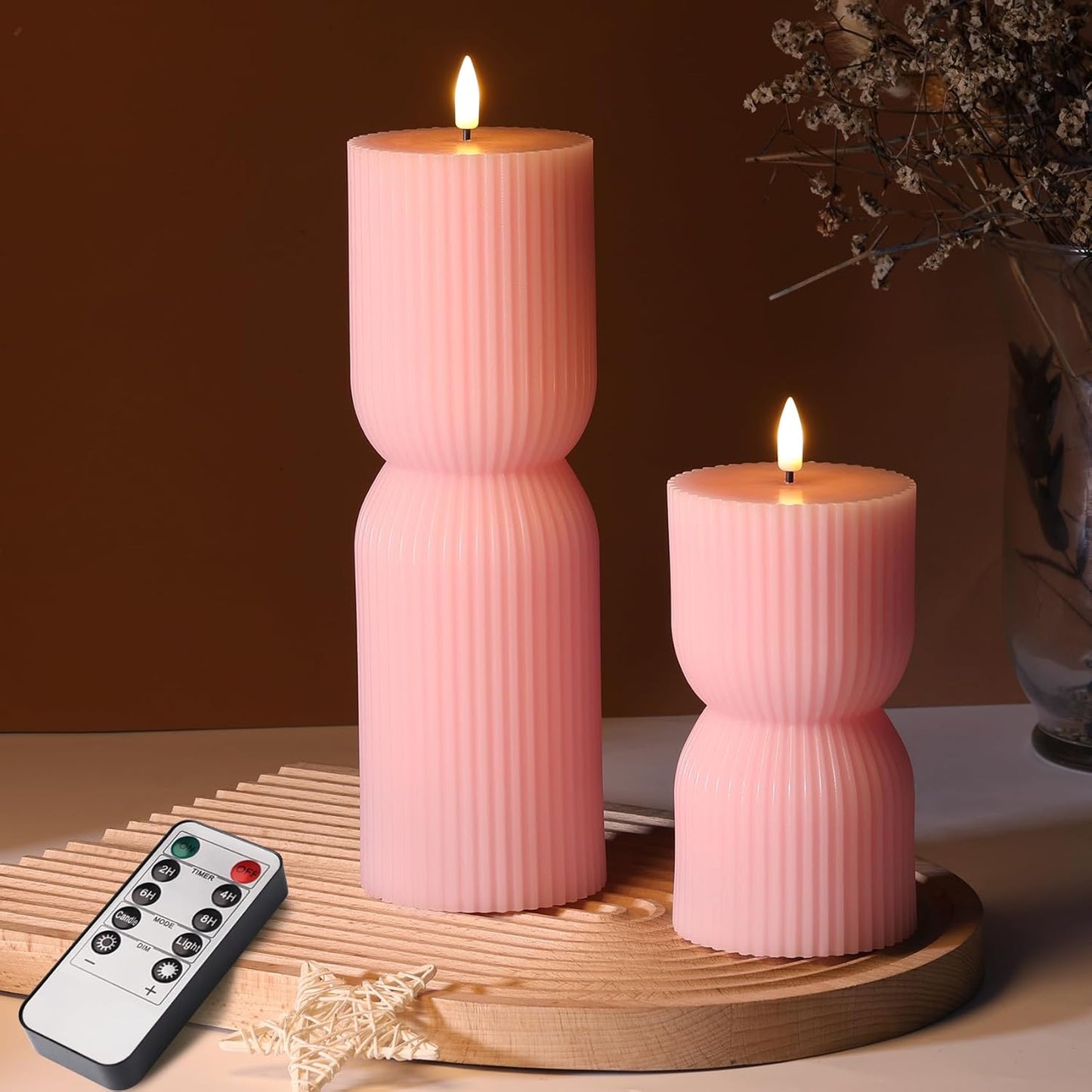 Pink Ribbed Flameless Pillar Candles with Remote Set of 2