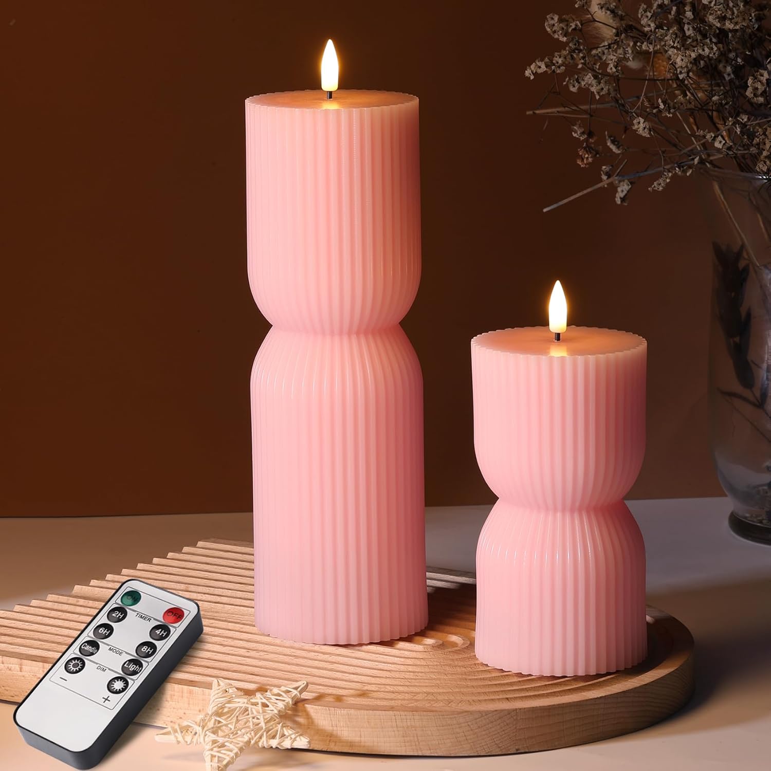 Pink Ribbed Flameless Pillar Candles with Remote Set of 2