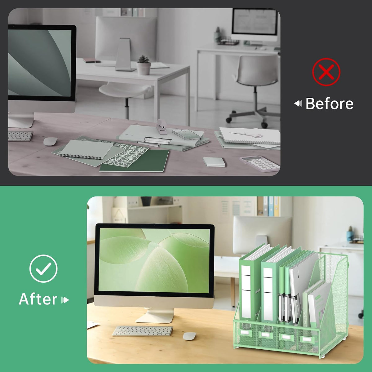 DALTACK 4-Slot Magazine File Holder, Metal Binder Holder, Mint Green | Iron Mesh Construction, Labeled Sections for