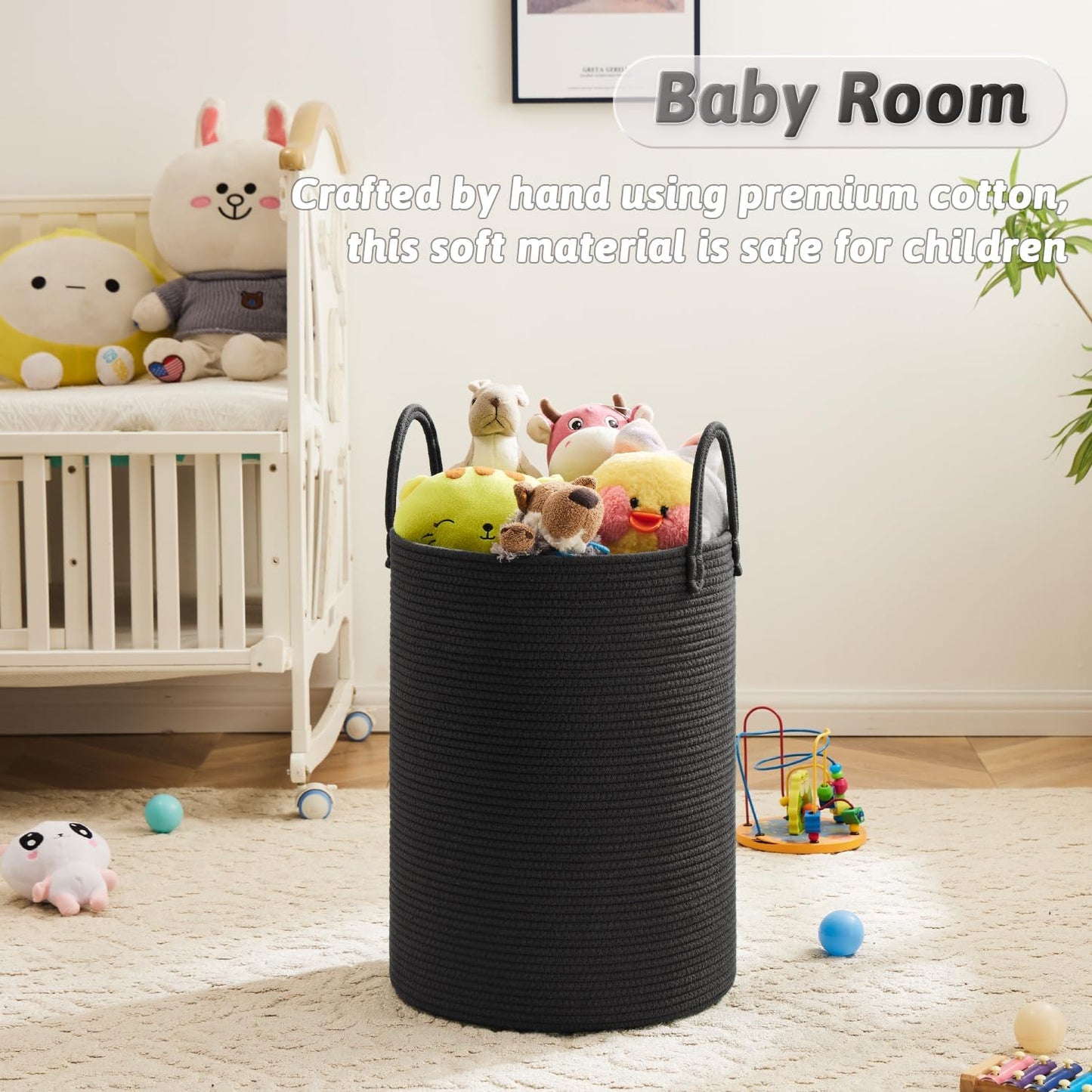 Laundry Basket / Woven Cotton Rope Laundry Hamper / Dark Black / 80L