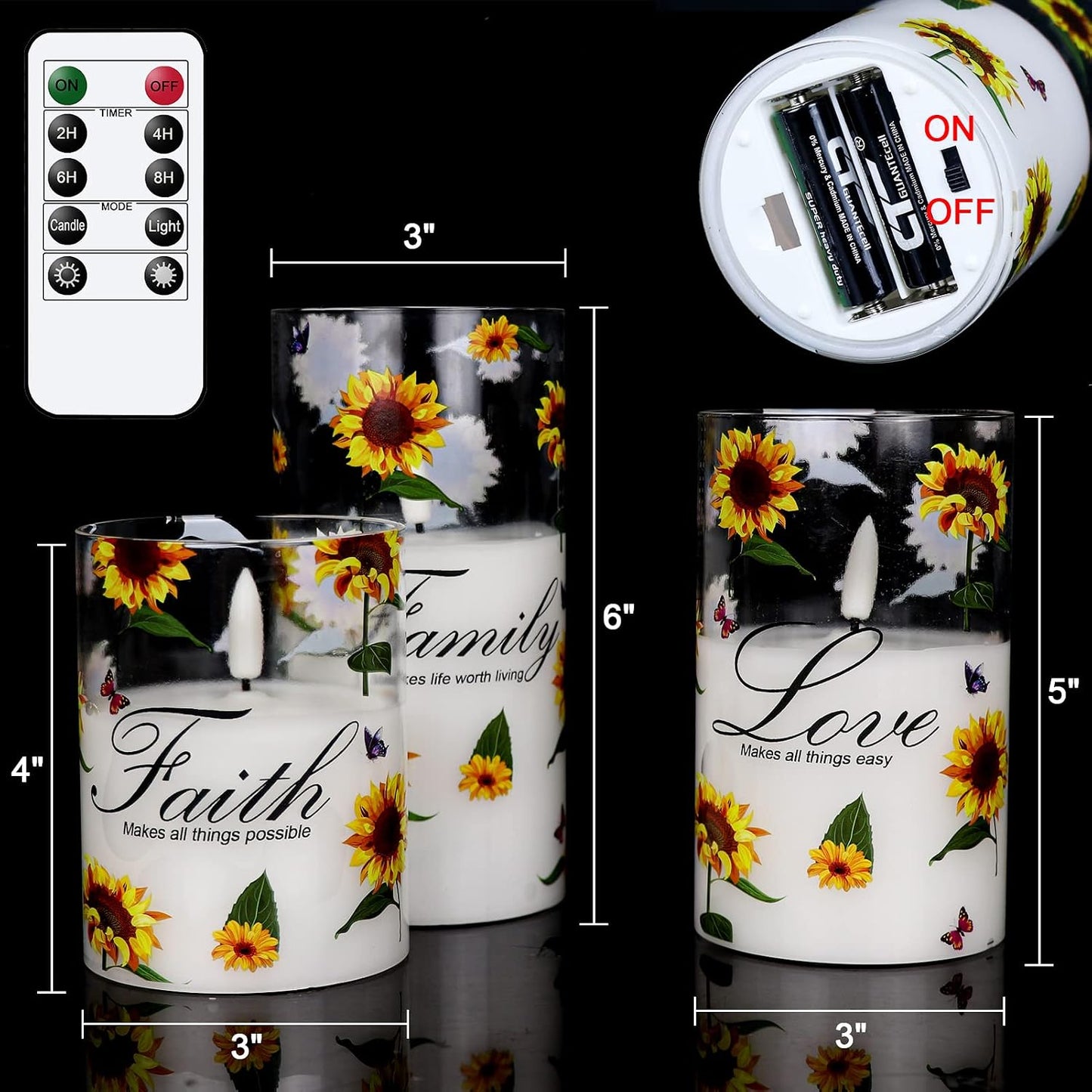 Sunflower Glass Flameless Candles Battery Operated Remote Timer | LED Flickering Pillar Candles, Real Wax 3D Wick Long