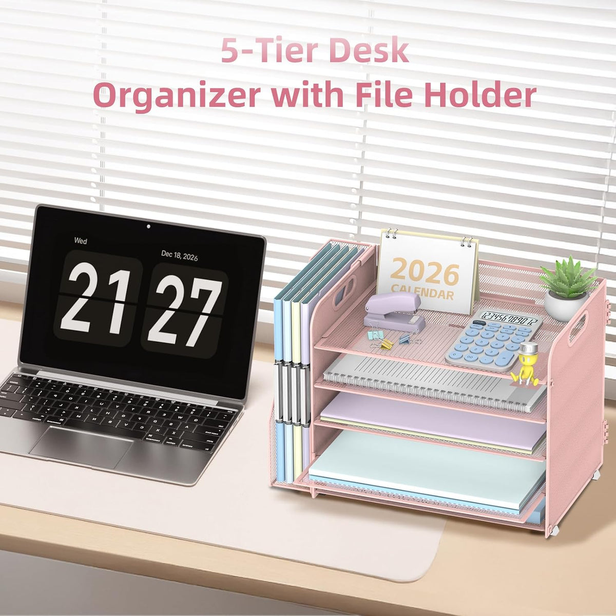 5-Tier Desk Organizer with File Holder, Paper Organizer for Desk, Pink | 5 Letter Trays and Vertical File Holder with