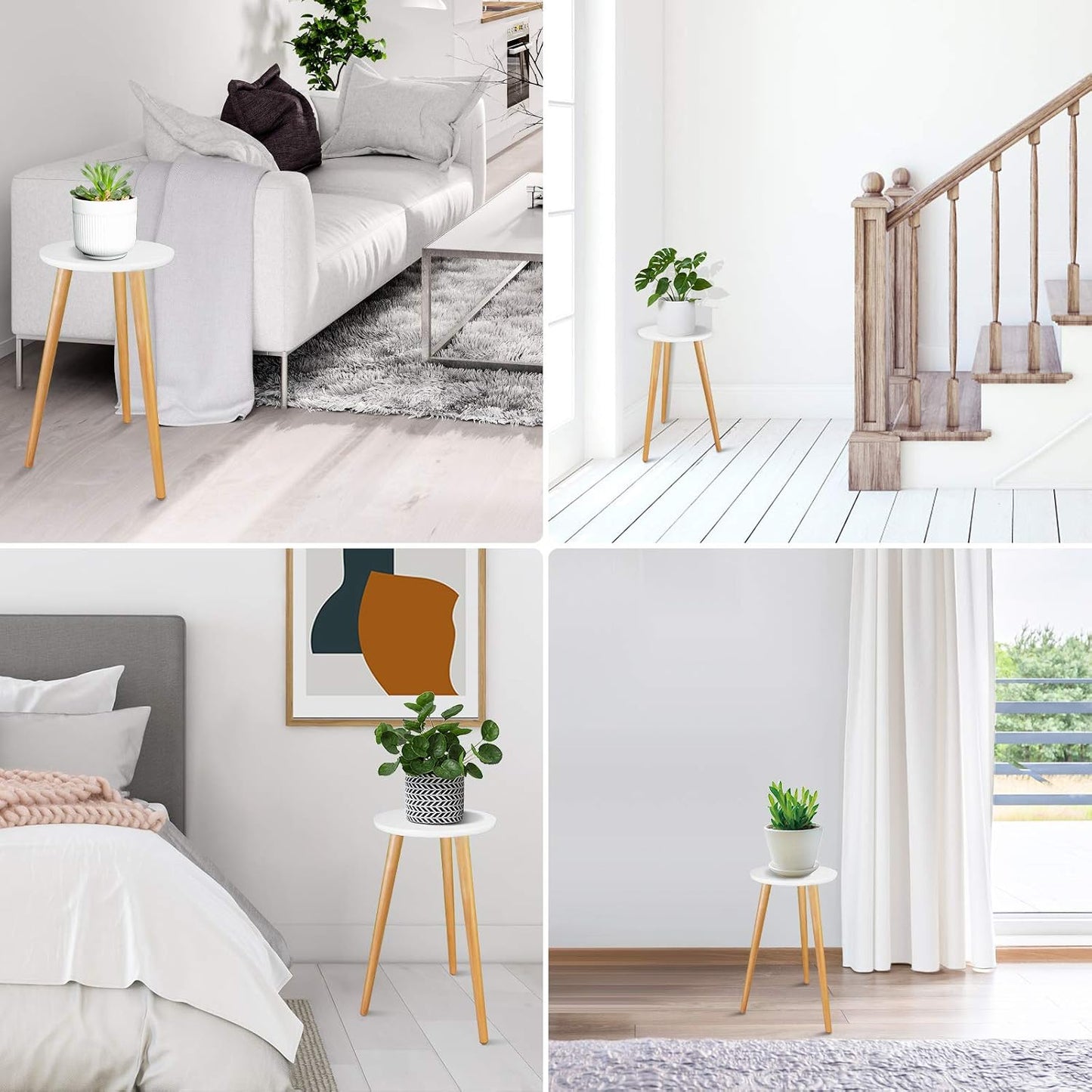 Indoor Plant Stand - Mid Century Wooden Plant Table, Tall Holder for Flower Pots, Small Round End Table (A3-White