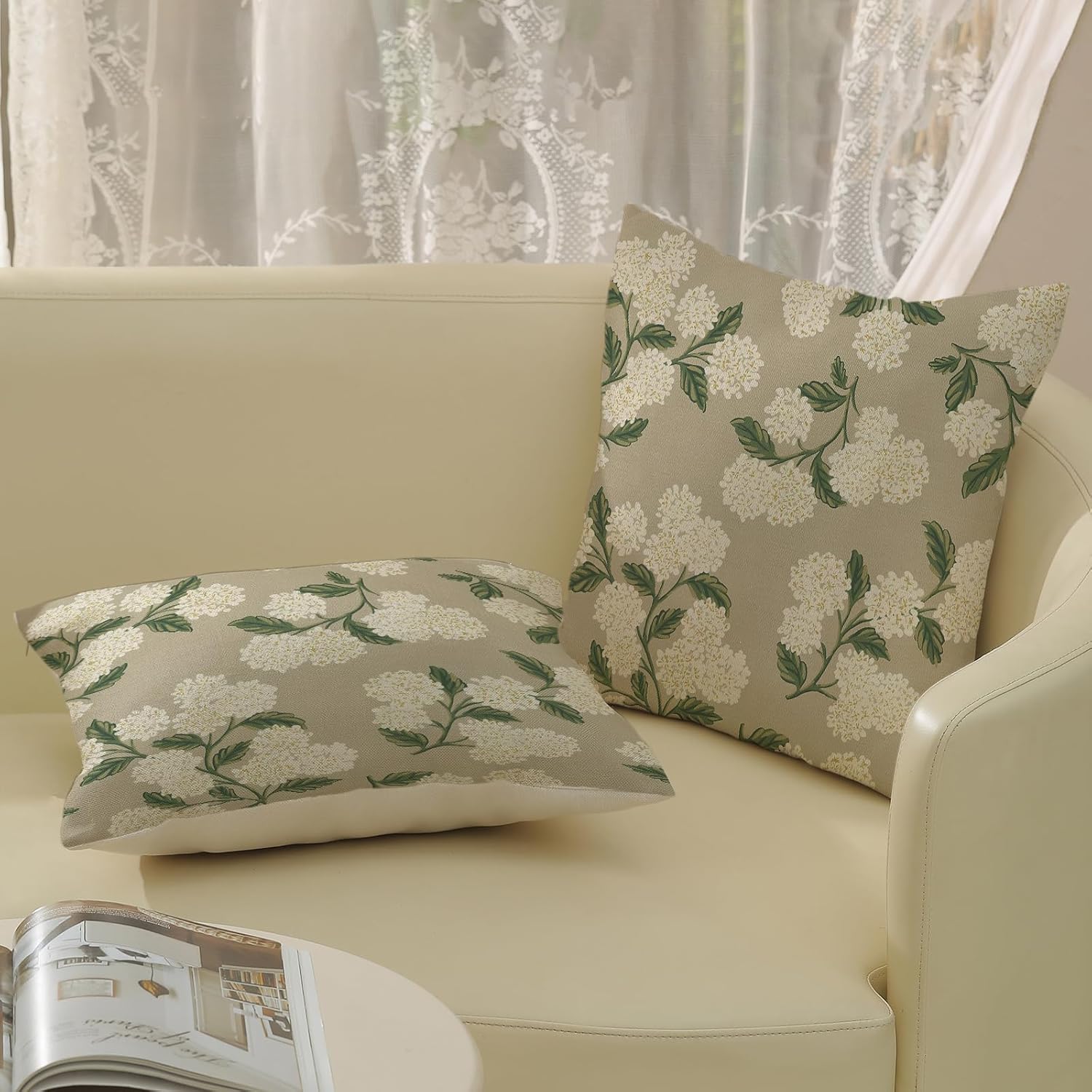 Beige Spring Pillow Covers Khaki Green Hydrangea Flower Decor / 18 x 18 / Beige Hydrangea / Set of 2