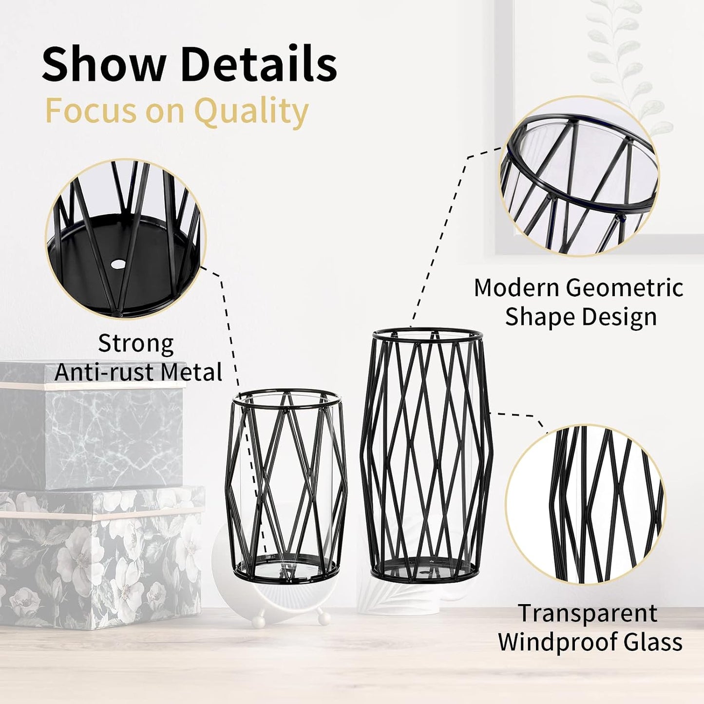 NUPTIO Black Geometric Hurricane Glass Candle Holders, Set of 2 | 2 Graduated Diamond Frames, Clear Cylinder Vases, for