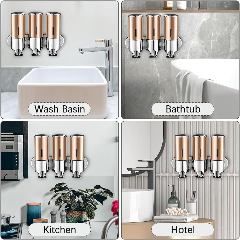 3 in 1 Chamber Wall Mounted Shampoo and Conditioner Dispenser (Gold) | No Drill Shower Soap Dispenser for Bathroom &