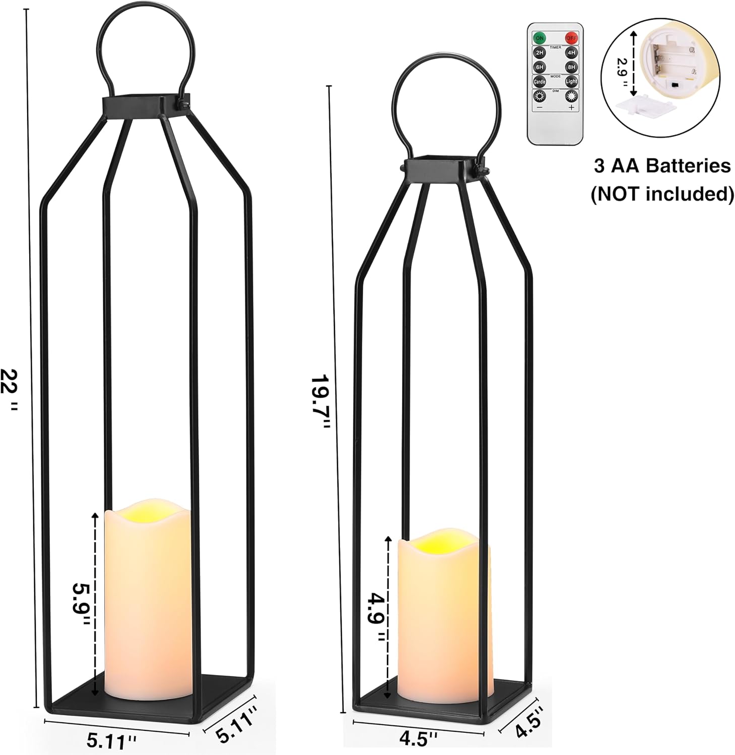 Perfnique Modern Farmhouse Lantern Decor, 19.7'' 22'' Set of 2 Black Metal Lanterns, 2 LED 6hr Timer Flickering