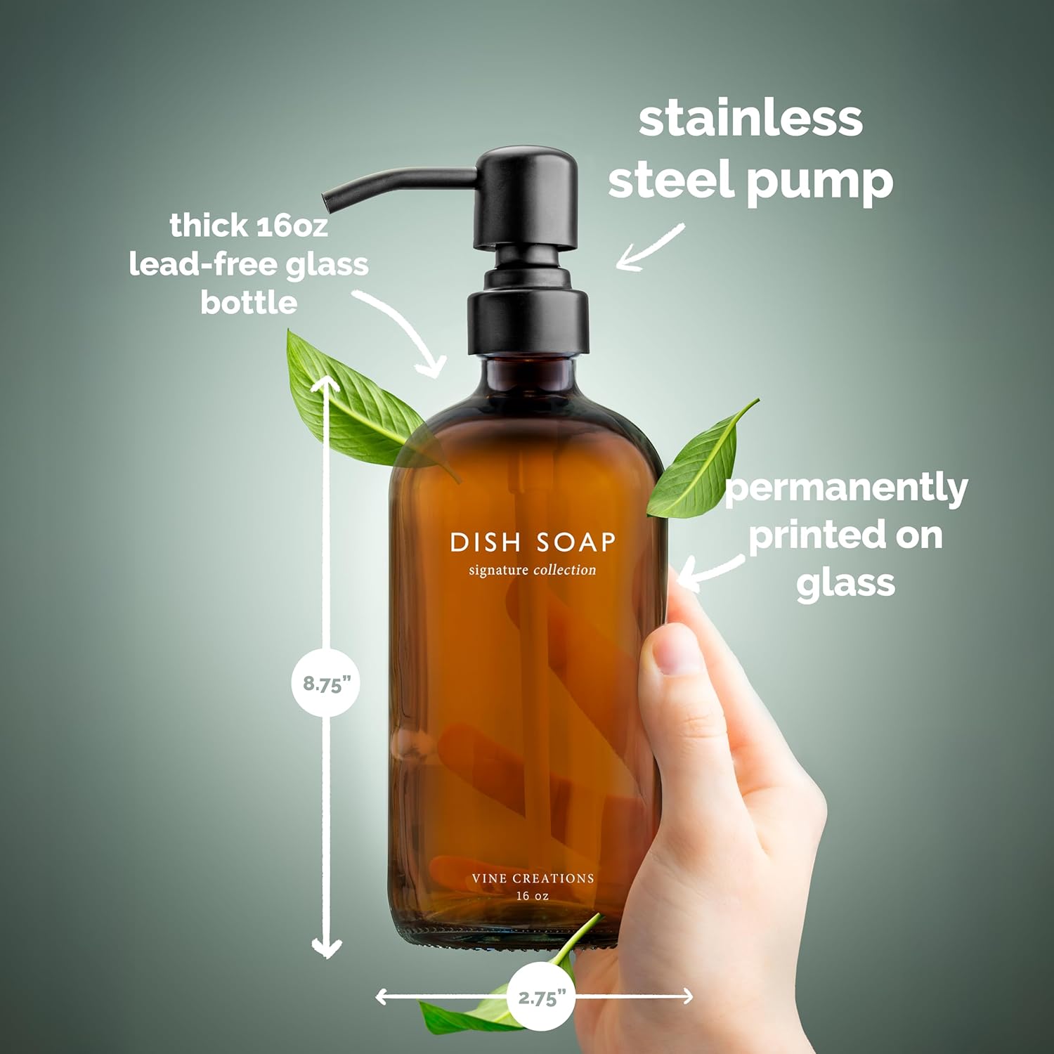 Vine Creations Amber Glass Soap Dispenser Set, Dish Soap and Hand Soap Dispenser Set with Stainless Steel Pump, 16 oz