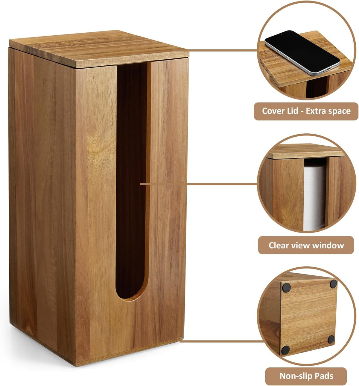 OUTNILI Freestanding Toilet Paper Holder Stand with Lid, Acacia Wood Bathroom Storage Organizer, Rustic Farmhouse