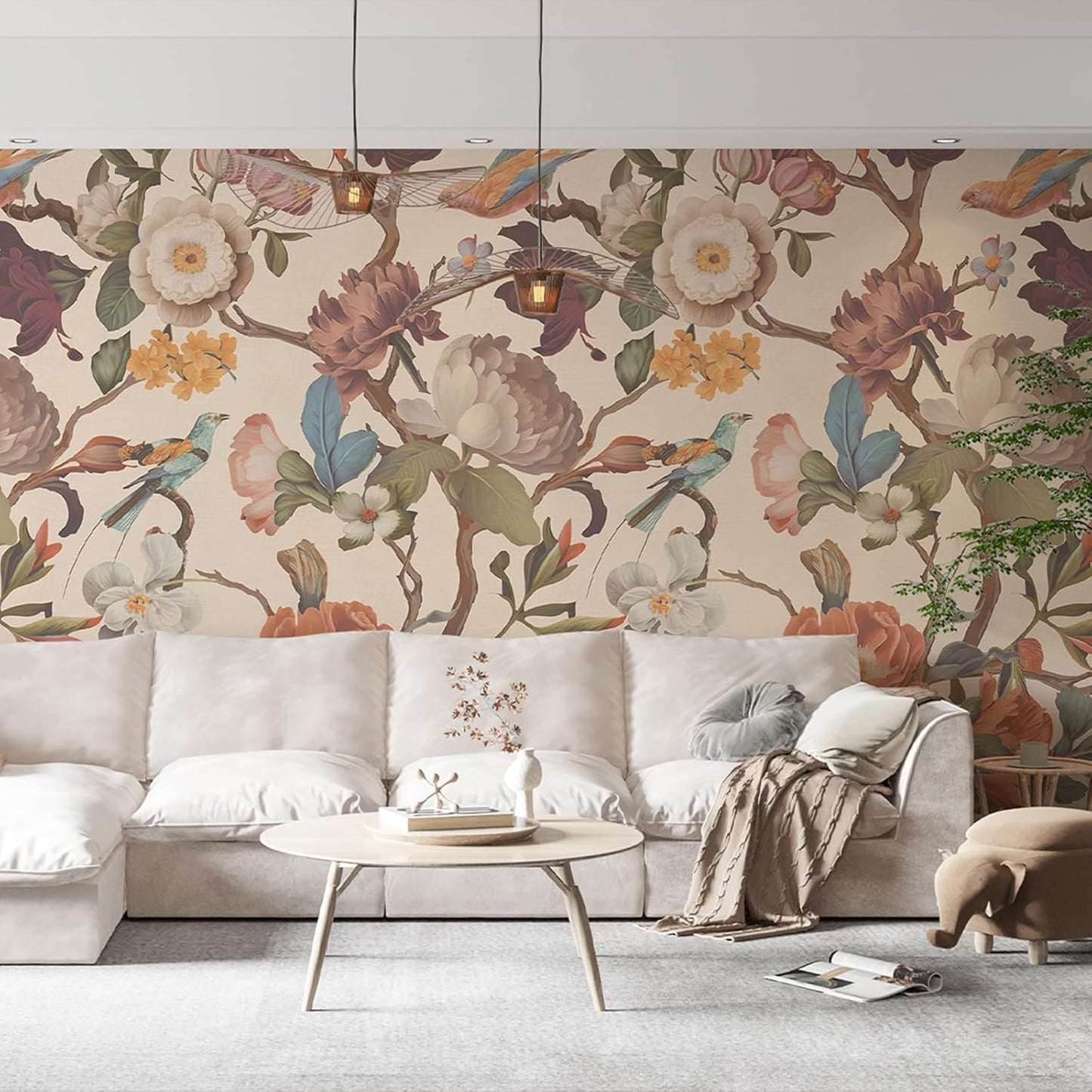 Vintage Floral Wallpaper Peel and Stick Large Flower Wall Murals / Beige / 59 x 98