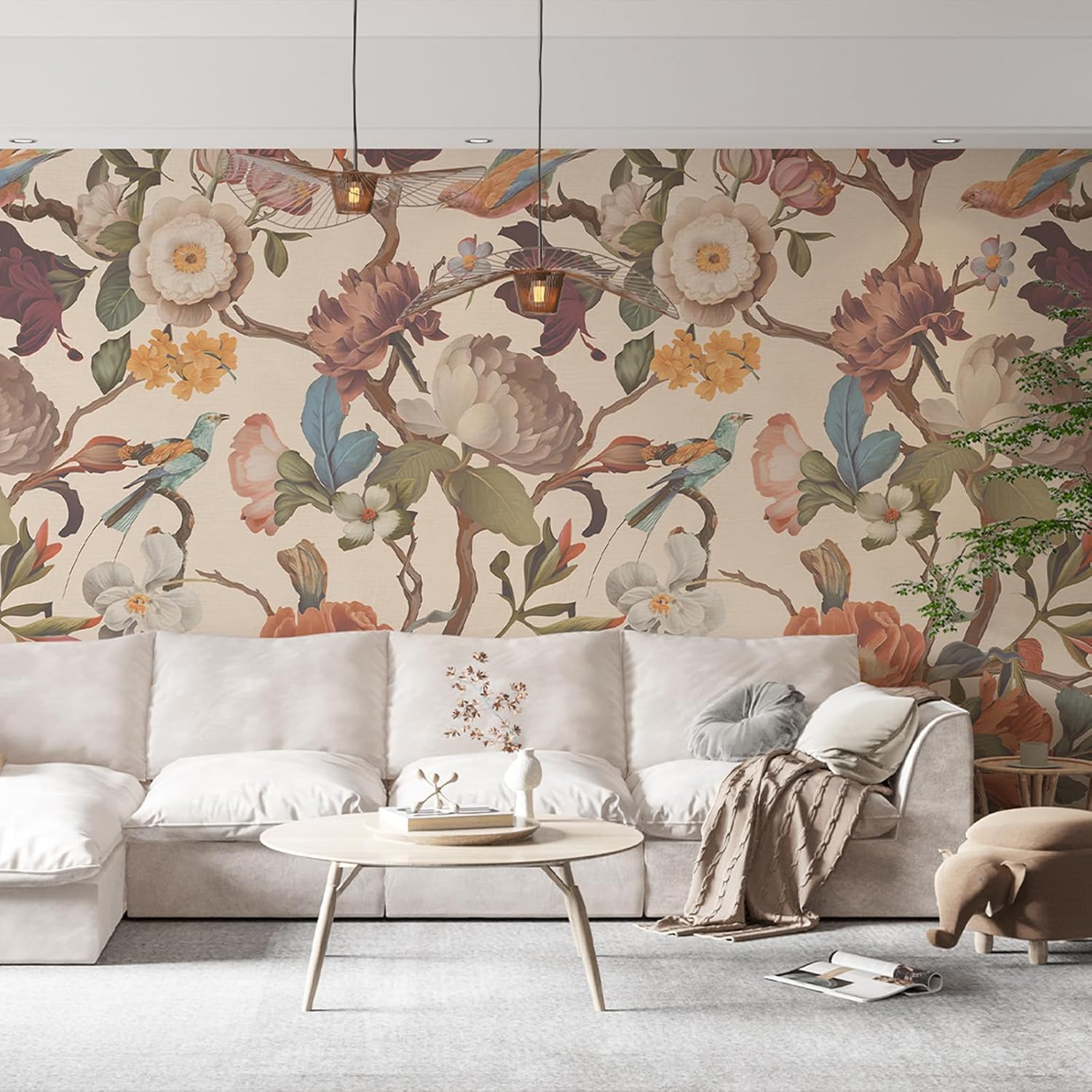 Vintage Floral Wallpaper Peel and Stick Large Flower Wall Murals / Beige / 59 x 98