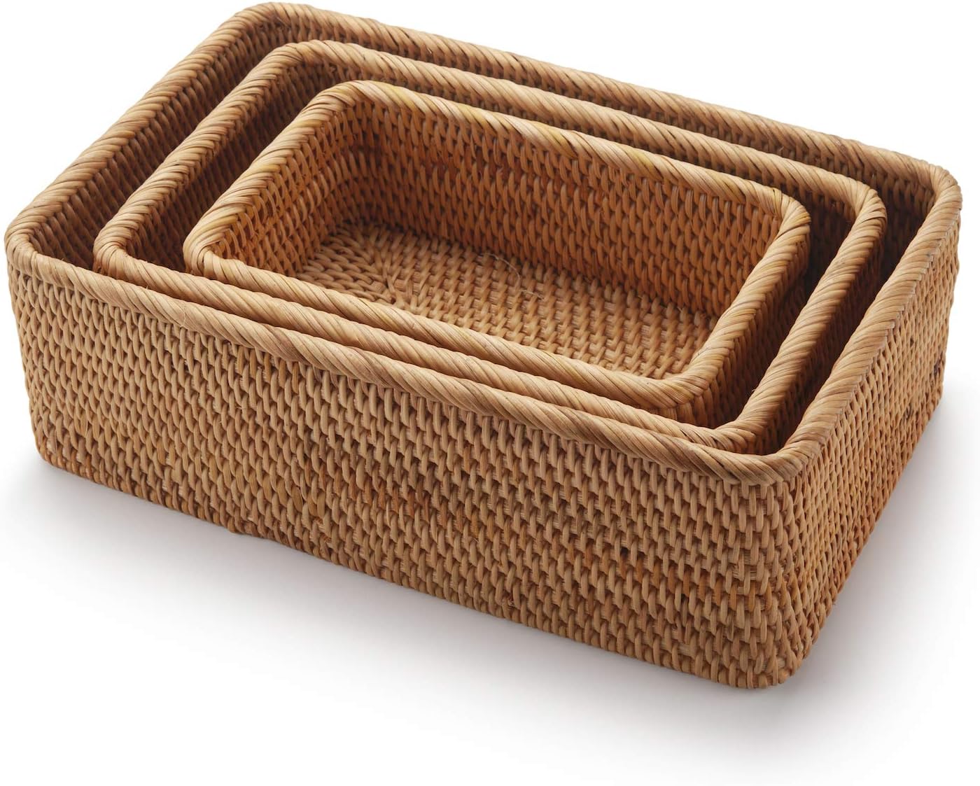 Rattan Fruit Storage Baskets Woven Wicker Box for Key Holder / Rectangular / Natural / Set of 3