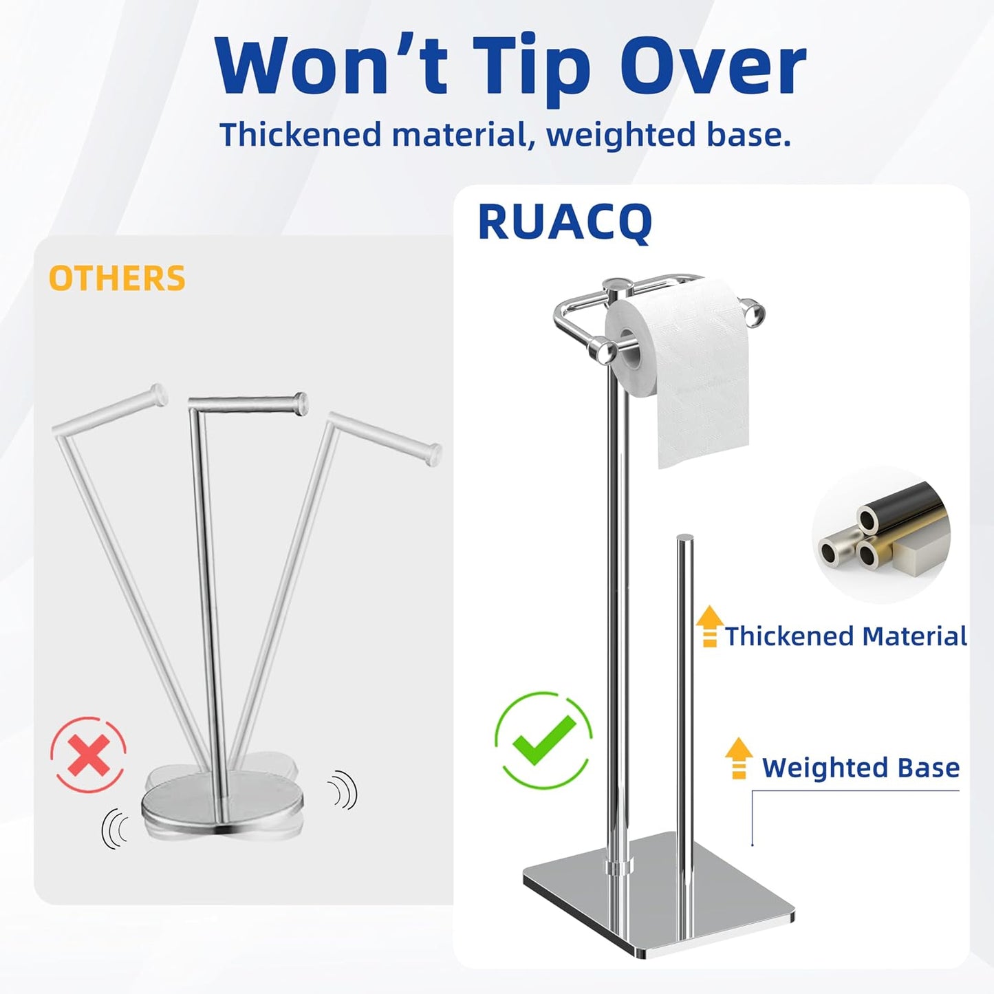 RUACQ Bathroom Toilet Paper Holder Stand with Storage, Chrome | Pivoting Free Standing Toilet Roll Holder, Holds 4