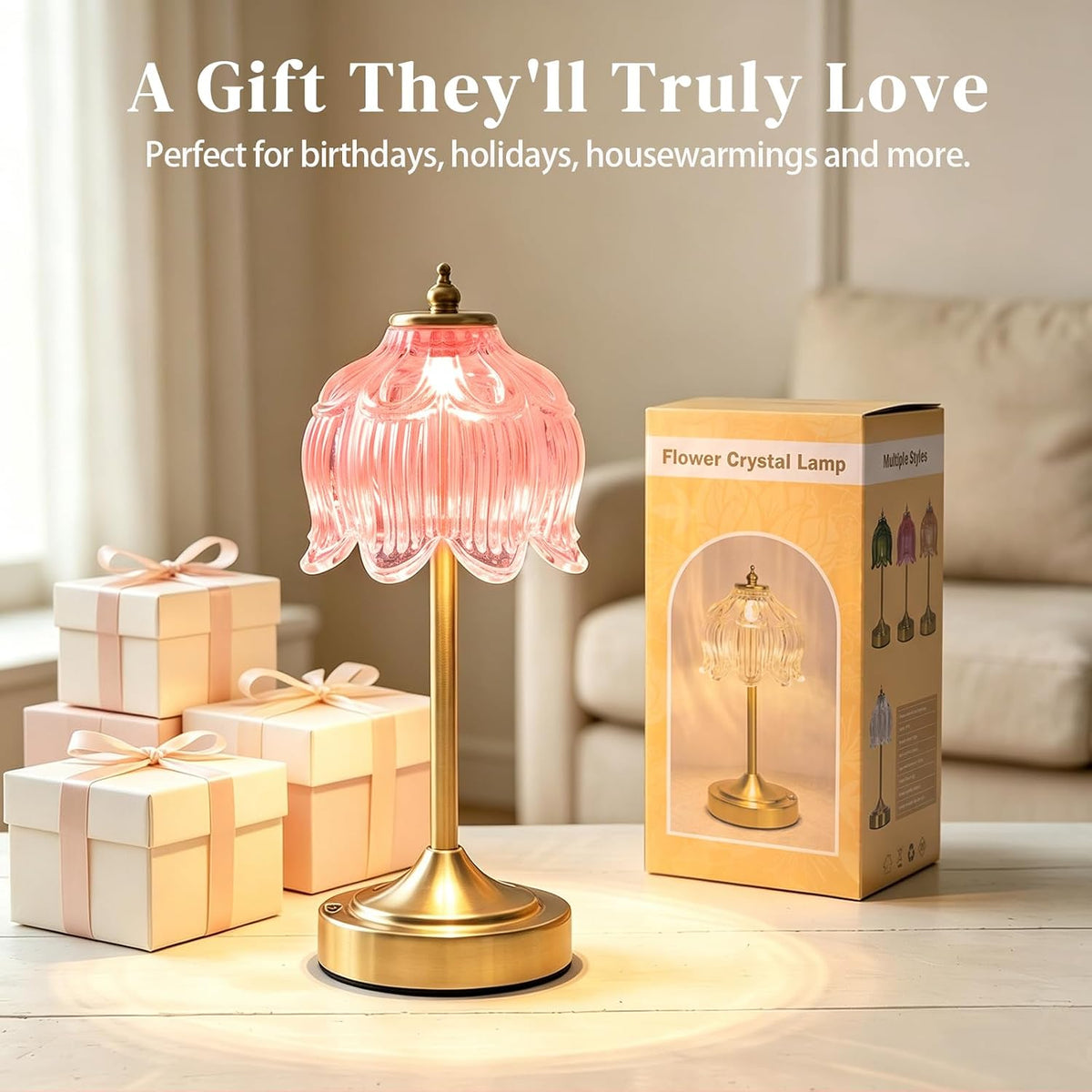 Pink Glass Flower Lamp, Rechargeable Cordless Table Lamp | Amber rechargeable lamp with 5200mAh battery, 3 color modes