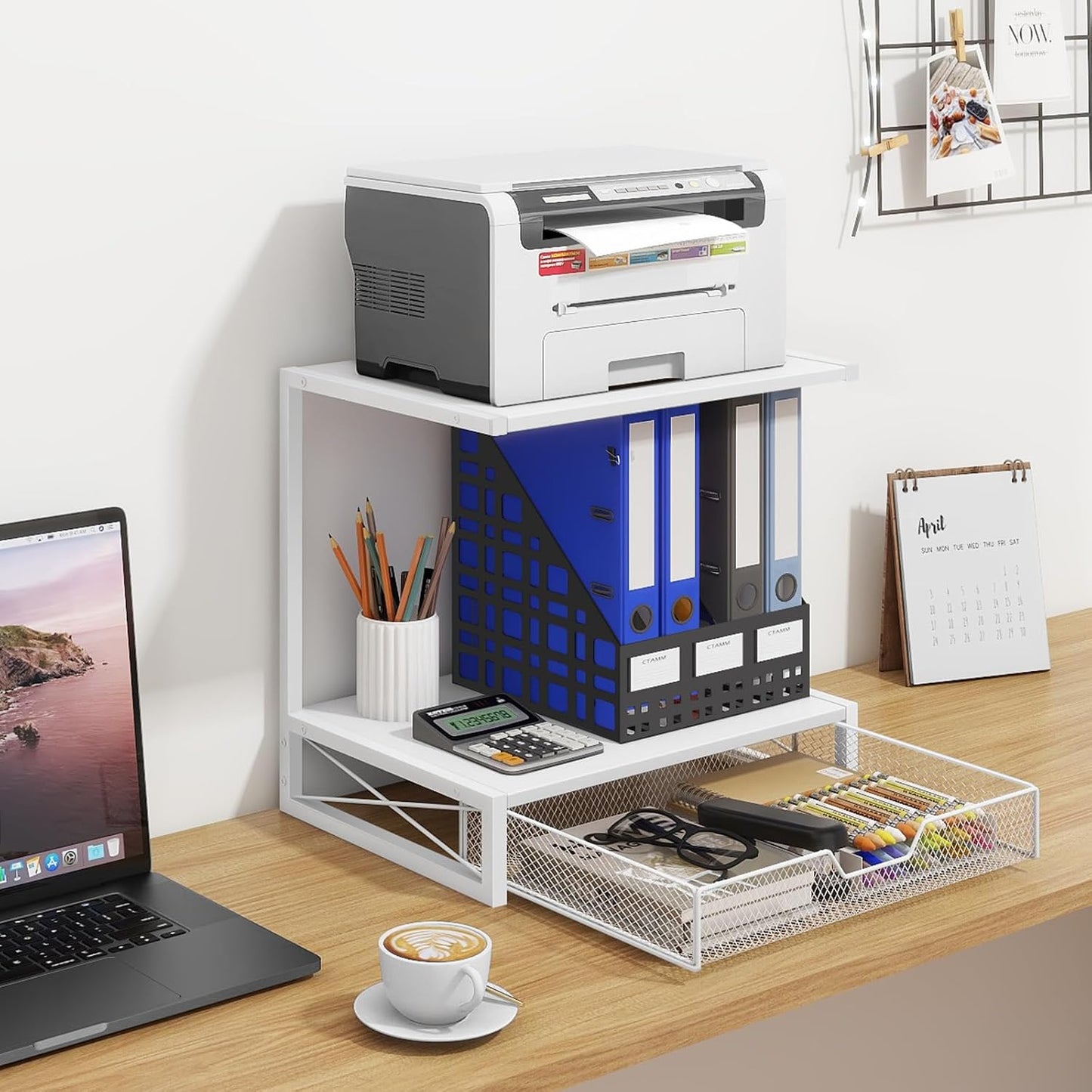 ELITEROO Printer Stand for Desk with Storage Drawer, 2 Tier Desk Shelf | Wood Desktop Organizer for Home Office, Fits
