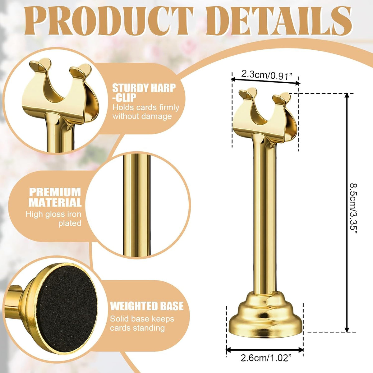24 Pcs Gold Metal Table Number Holders 3.15 Inch Wedding Place Card Holders Bulk Harp Clip Table Sign Stands Card