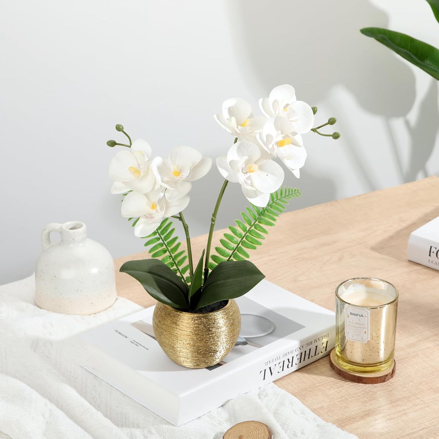 Artificial Orchid Flowers in Gold Ceramic Pot / White Orchid with Gold Vase