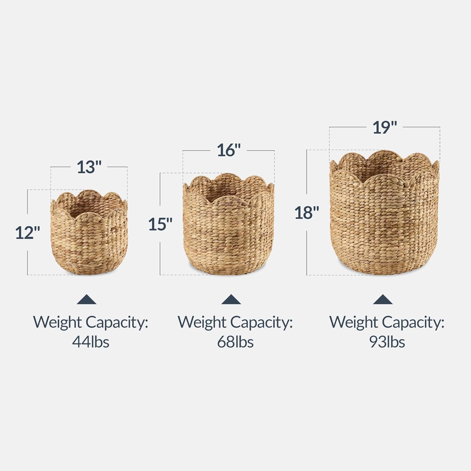 3pc Water Hyacinth Scalloped Multipurpose Nesting Baskets / Natural