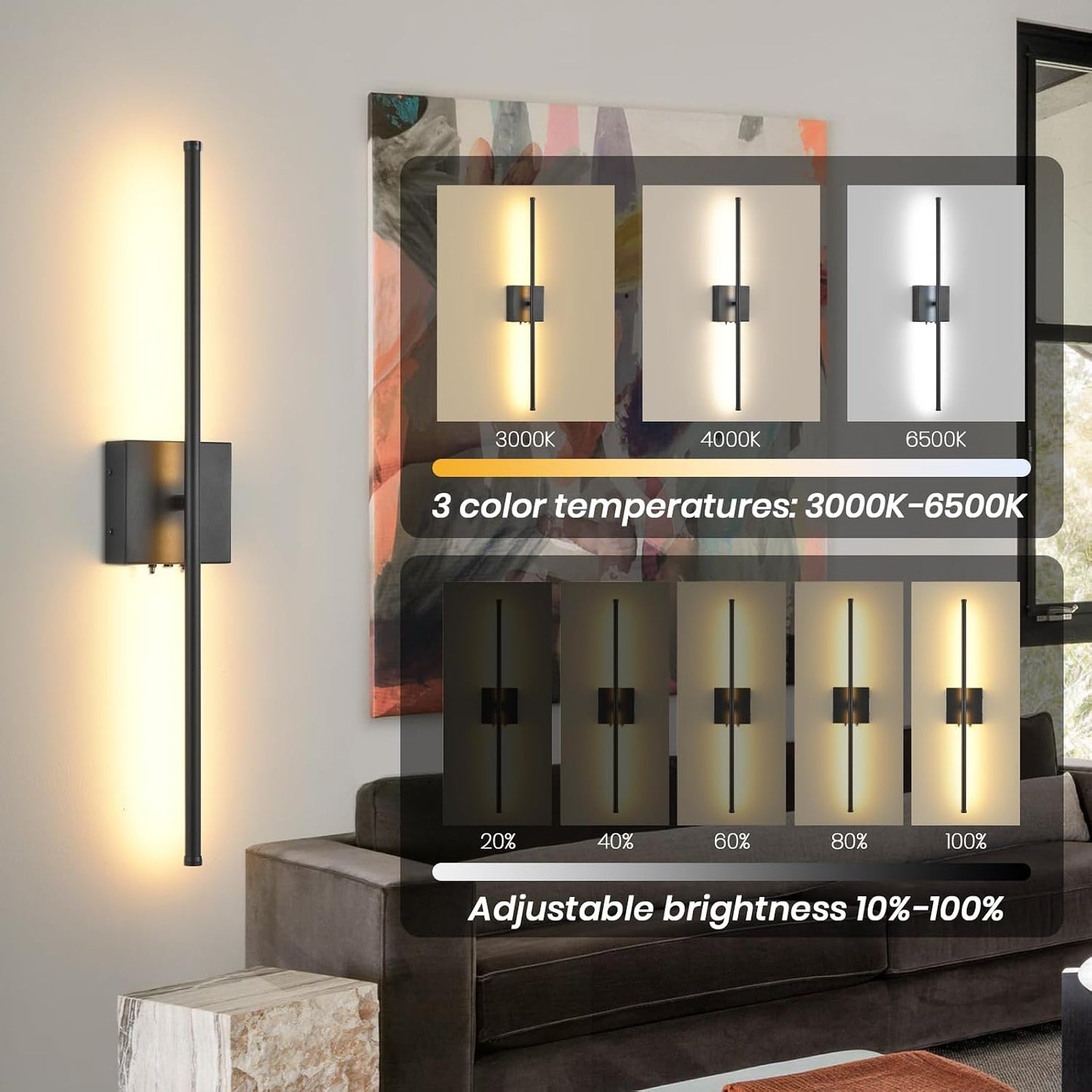 Battery Operated Wall Sconces with Remote Control, 11000mAh LED Wireless Rechargeable Black Wall Lights, 350°Rotate