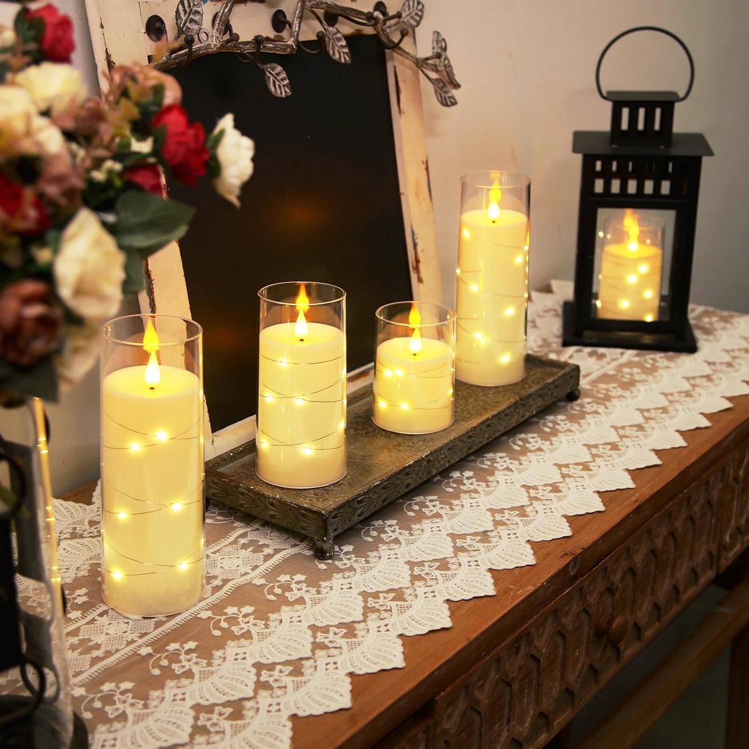 Homemory Pure White Flameless Candles with Embedded Star String Fairy Lights, Battery Operated Candle, LED Candles