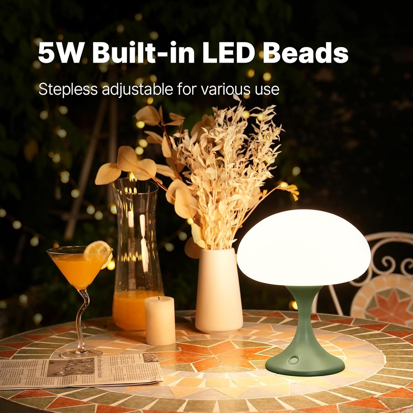 Mushroom Lamp, 5W LED Cordless Rechargeable Table Lamp with Glass Shade, Small Retro Dimmable Touch Light with 3 Color