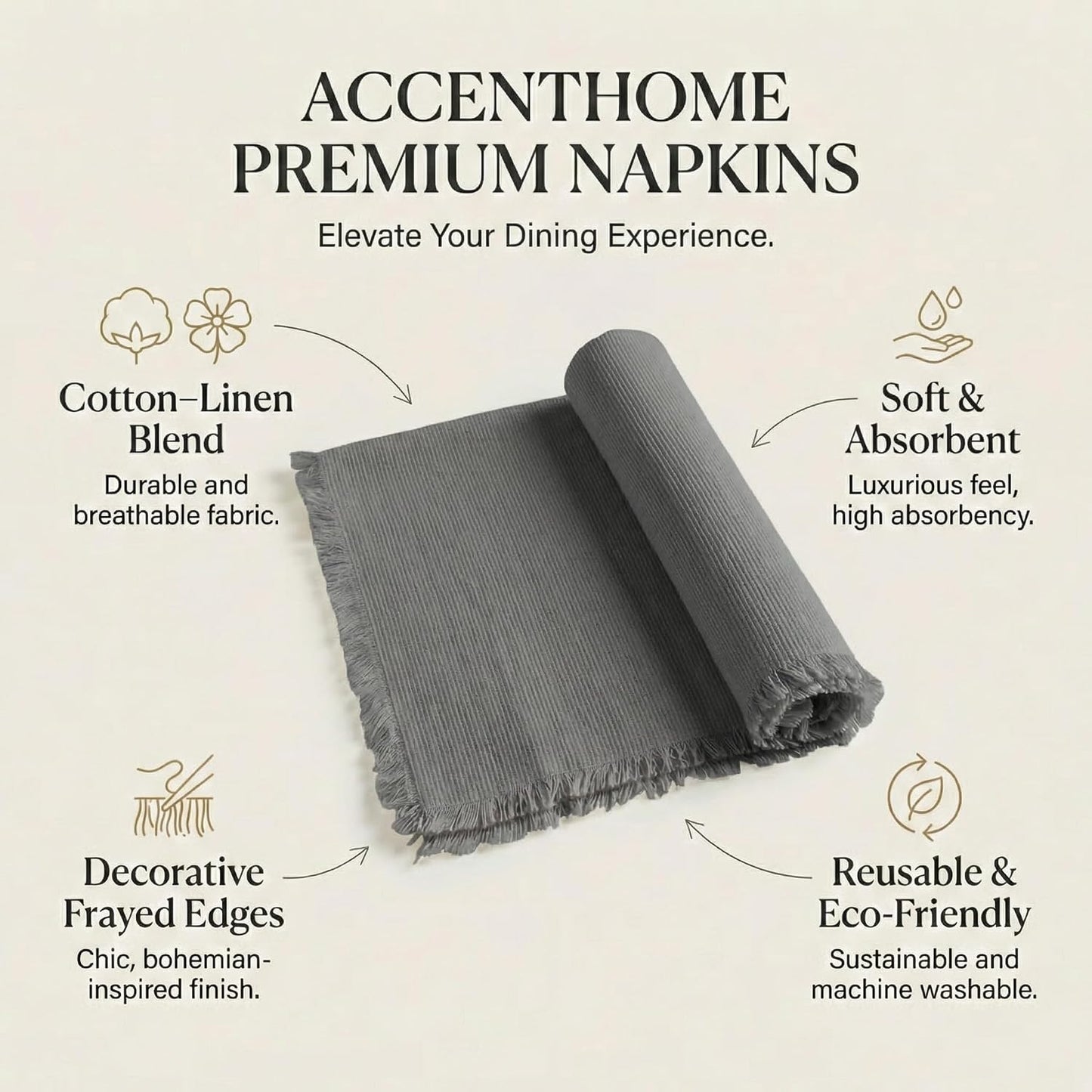 ACCENTHOME Grey Cotton Linen Napkin Set of 12 18x18 inch Dinner Napkins - Washable Soft Premium Hotel Quality Reusable