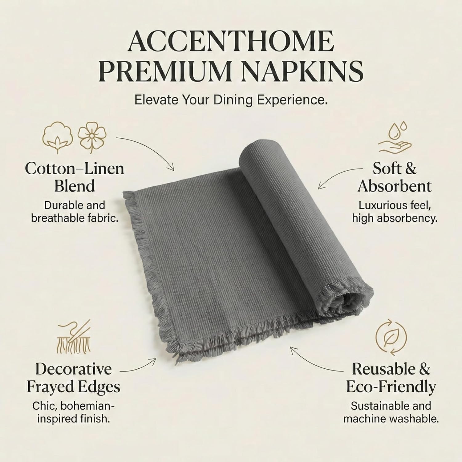 ACCENTHOME Grey Cotton Linen Napkin Set of 12 18x18 inch Dinner Napkins - Washable Soft Premium Hotel Quality Reusable